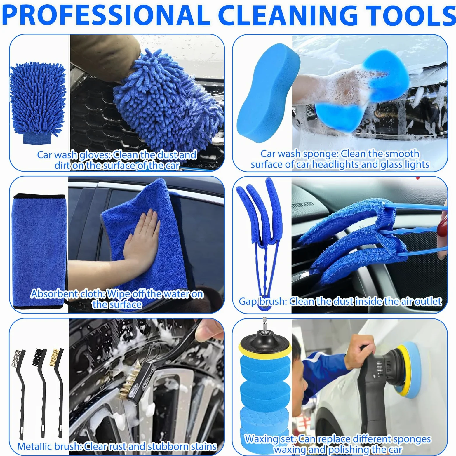 Kit de lavado de coche de 34 piezas, kit de limpieza de coche, juego de cepillos de taladro para detalles de automóviles, cera de coche, guante de lavado para coche, motocicleta, bicicleta, limpieza