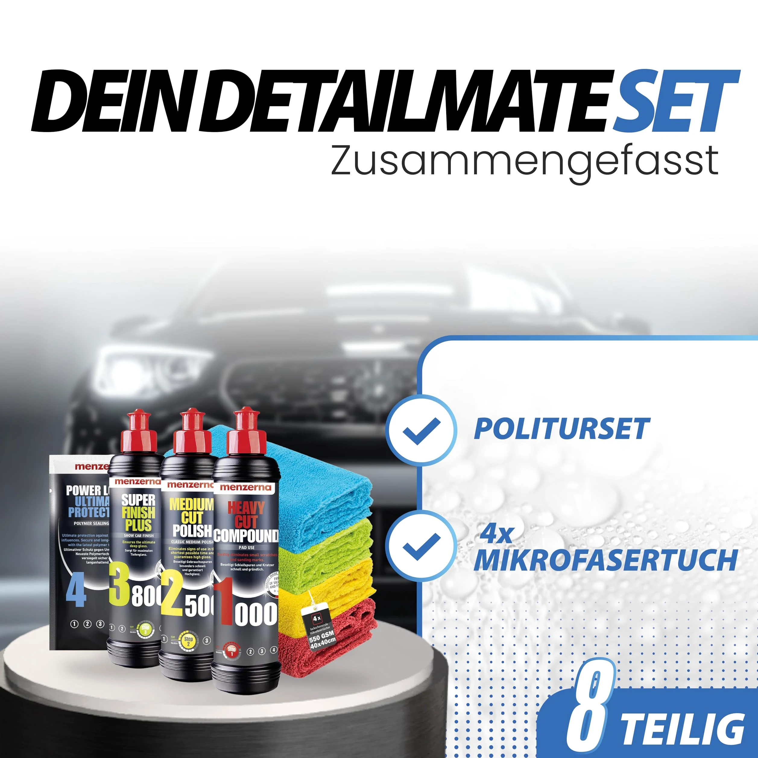 Menzerna Car Polish Set: Menzerna Heavy Cut Compound 1000 + Medium Cut Compound 2500 + Super Finish Plus 3800 + Power Lock Sachet 20ml + 4X Paño de Microfibra 40x40cm
