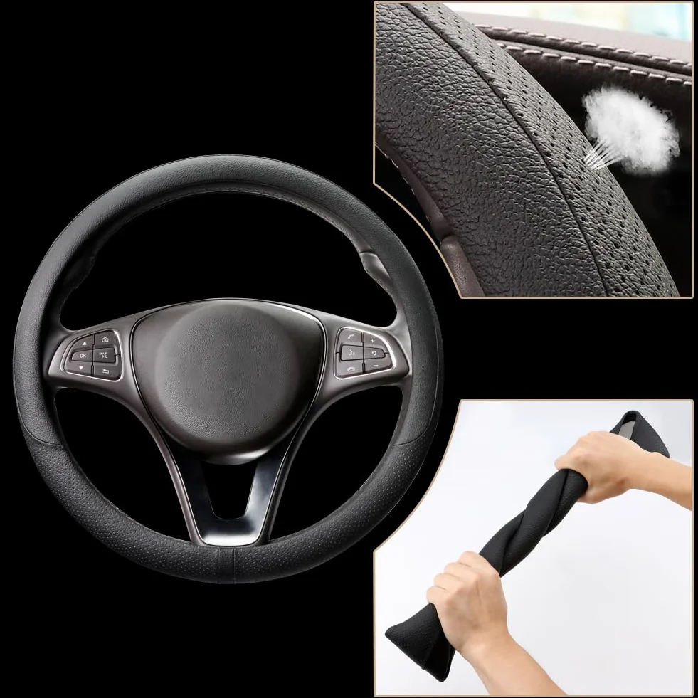 COFIT Funda Volante Coche Universal Protector Volante Transpirable y Antideslizante Cubre Microfibra Cuero M 37-38cm Negro