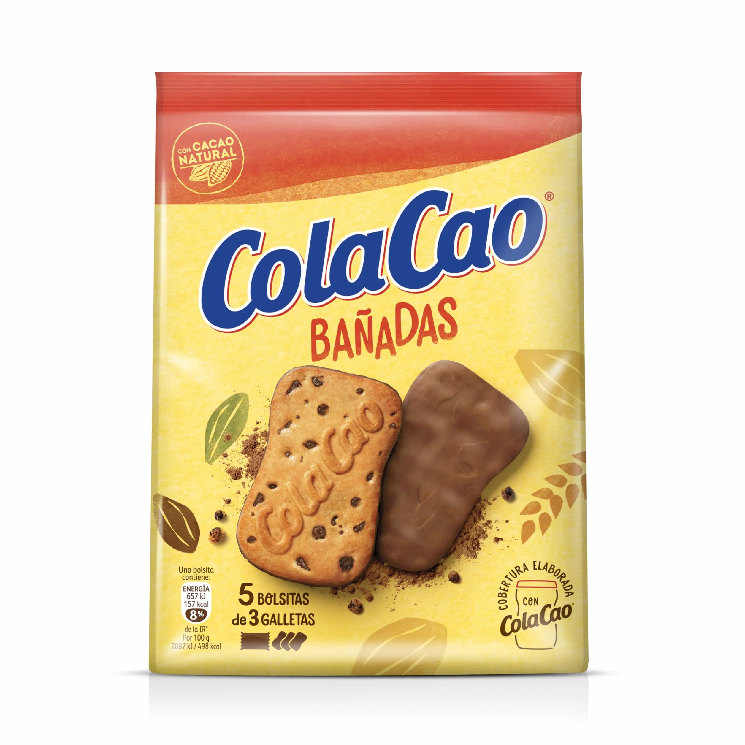 ColaCao Galleta Bañada en Cacao Natural con Pepitas de Chocolate 5 Packs 3 Unidades 157g