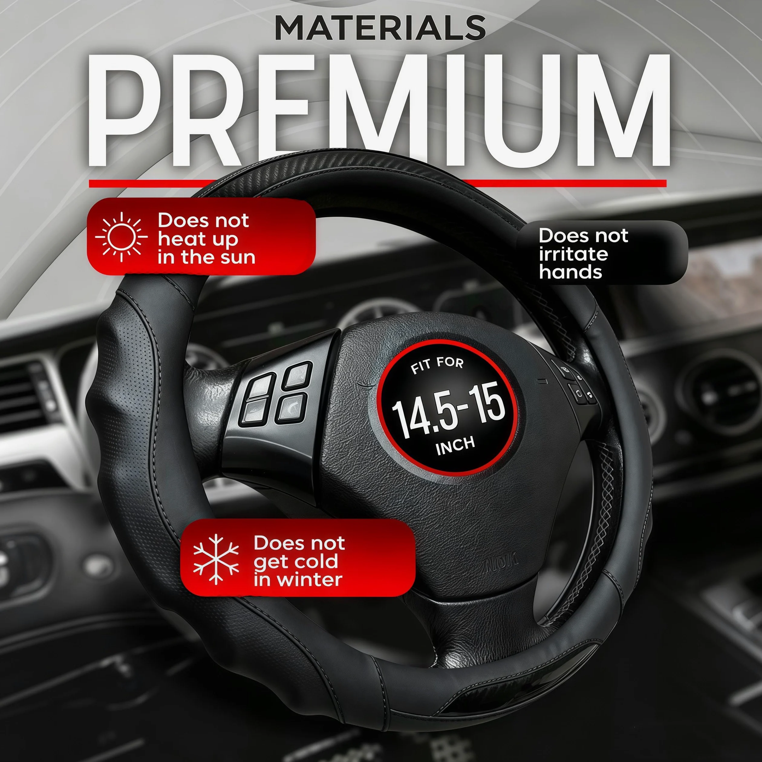 Funda de cuero para volante de automóvil, 14.5-15 pulgadas, antideslizante, universal para coches, camiones, SUV, accesorios de automóvil (línea negra - negra)