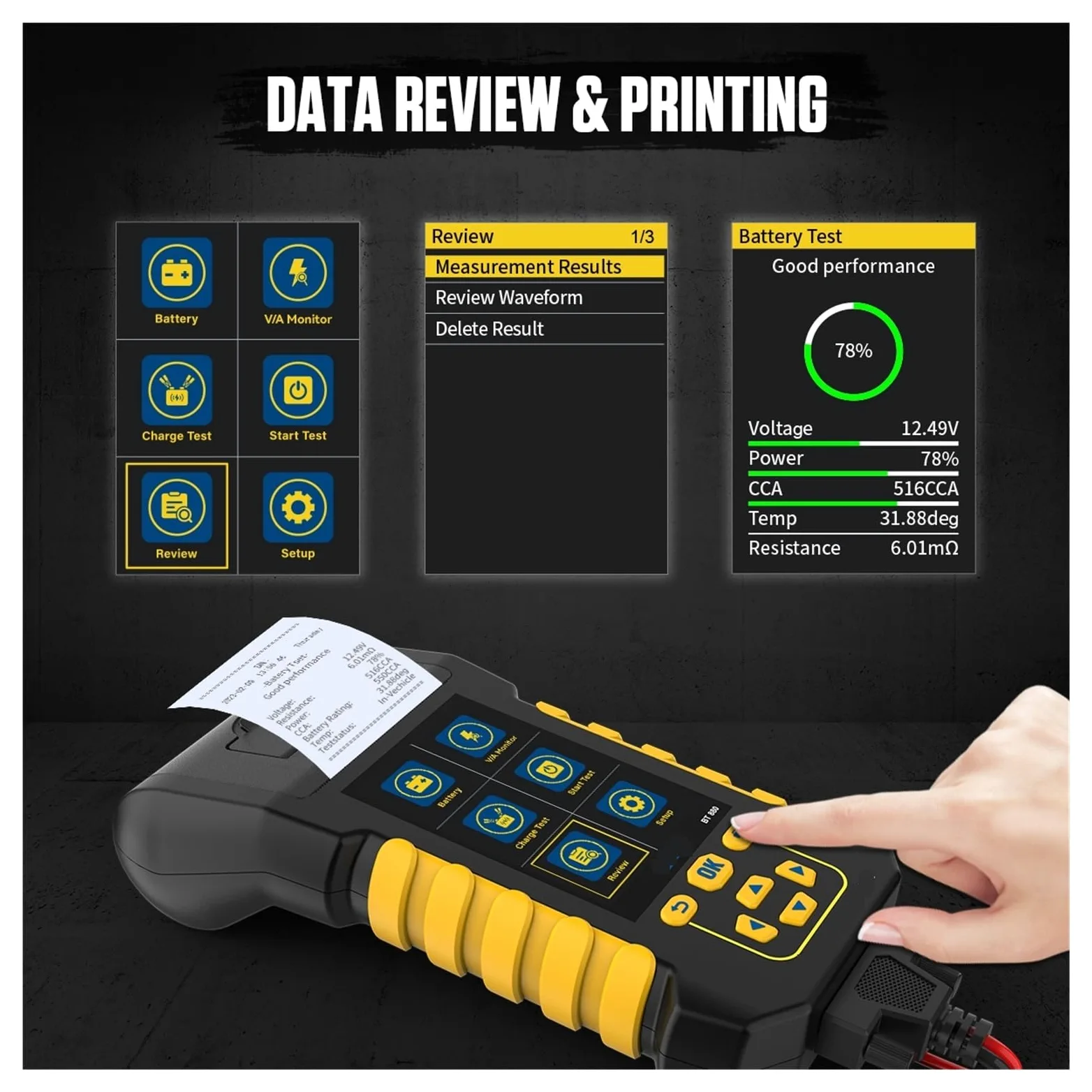 Comprobador de Batería, Probador de batería BT880 con Impresora Analizador de batería Probador Capacidad de la batería del automóvil Probador de Carga de Carga máxima