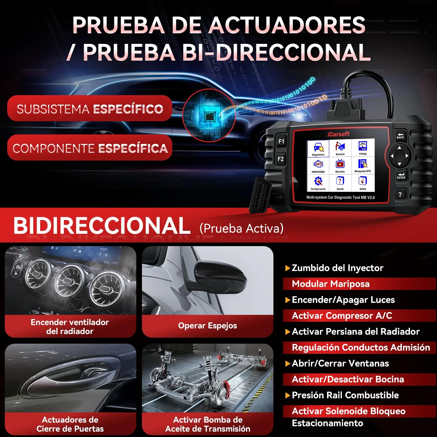 iCarsoft MB V3.0 OBD2 Máquina Diagnosis Coche para Ben.z/Sprinter/Smart, Escáner de Todo el Sistema, 35 Funciones Reinicio, Prueba Bidireccional, Vin Automático, con Adaptador Ben.z 38 Pines
