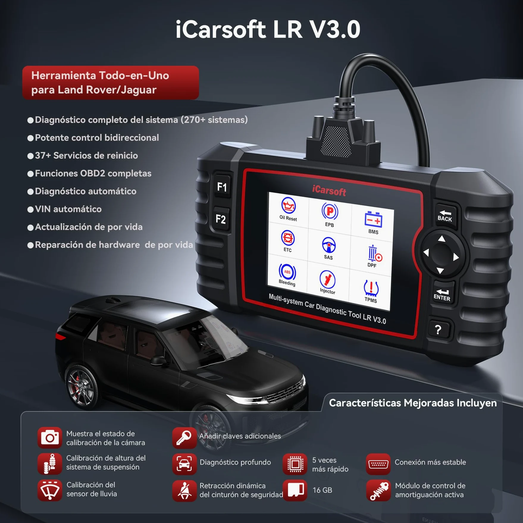 iCarsoft LR V3.0 OBD2 Máquina Diagnosis Coche para Land Rover/Jaguar, Bidireccional Escáner de Todo el Sistema, 37+ Funciones Reinicio, Prueba de Batería, Vin Automático, Actualizaciones de por Vida