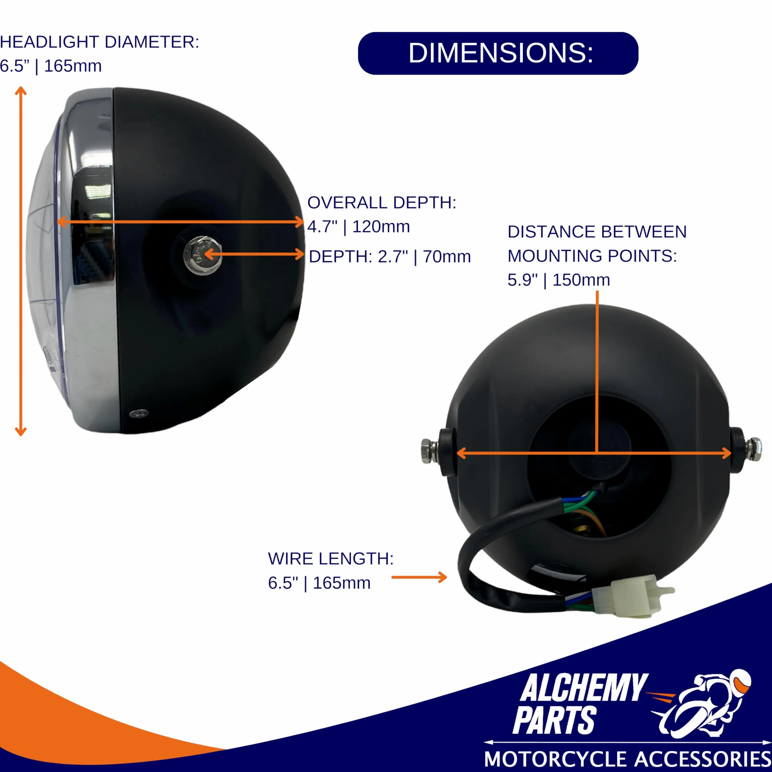Alchemy Parts - Faro de moto, 165 mm de diámetro, universal para Retro-Café-Racer, Custom Street Bike, Project Roadster, Homologado con E-Prüfzeichen (negro mate con llanta cromada)