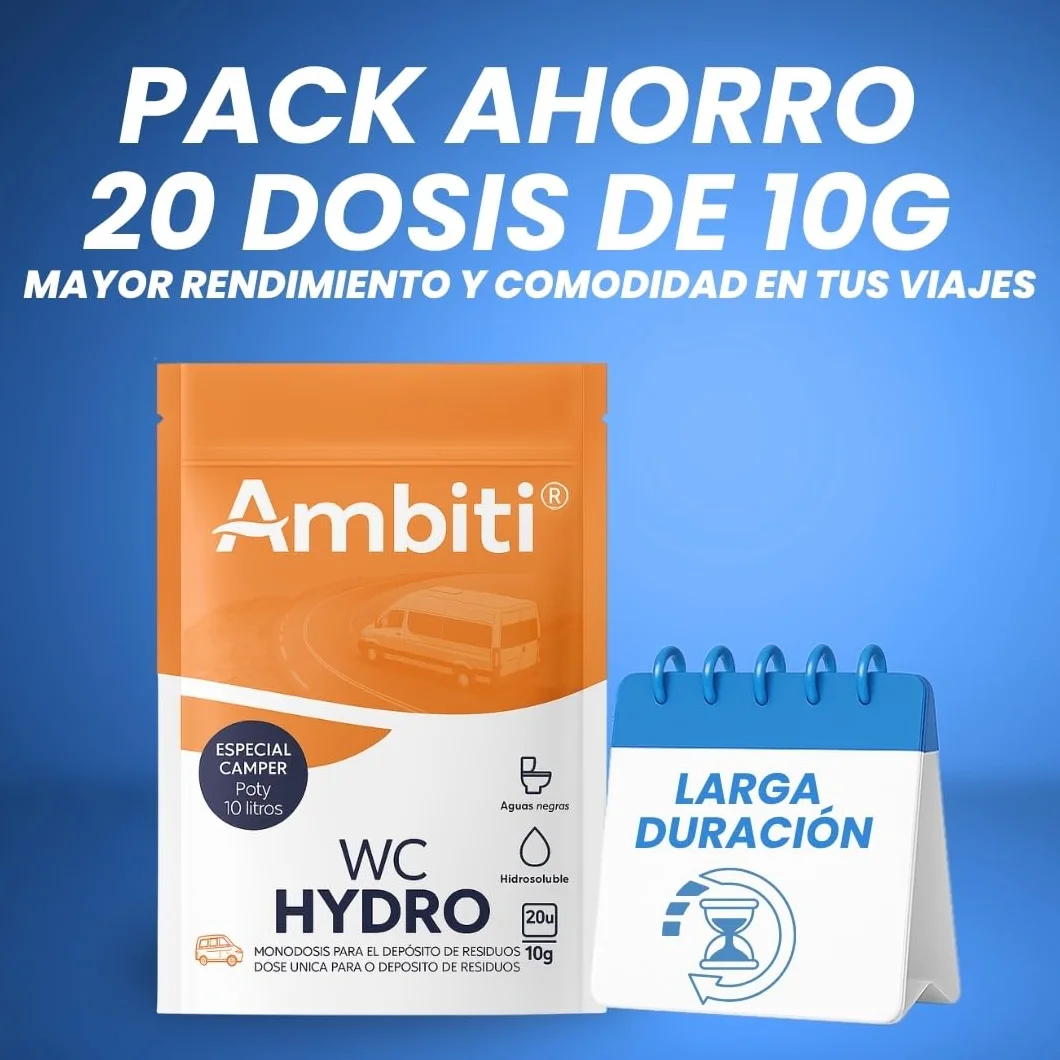 Ambiti | WC Hydro Camper | Monodosis Hidrosolubles para Depósito de Residuos de Autocaravanas,Caravanas y Campers| Elimina Deshechos Orgánicos| Fragancia Piña colada| 20 dosisx 10 g/unidad