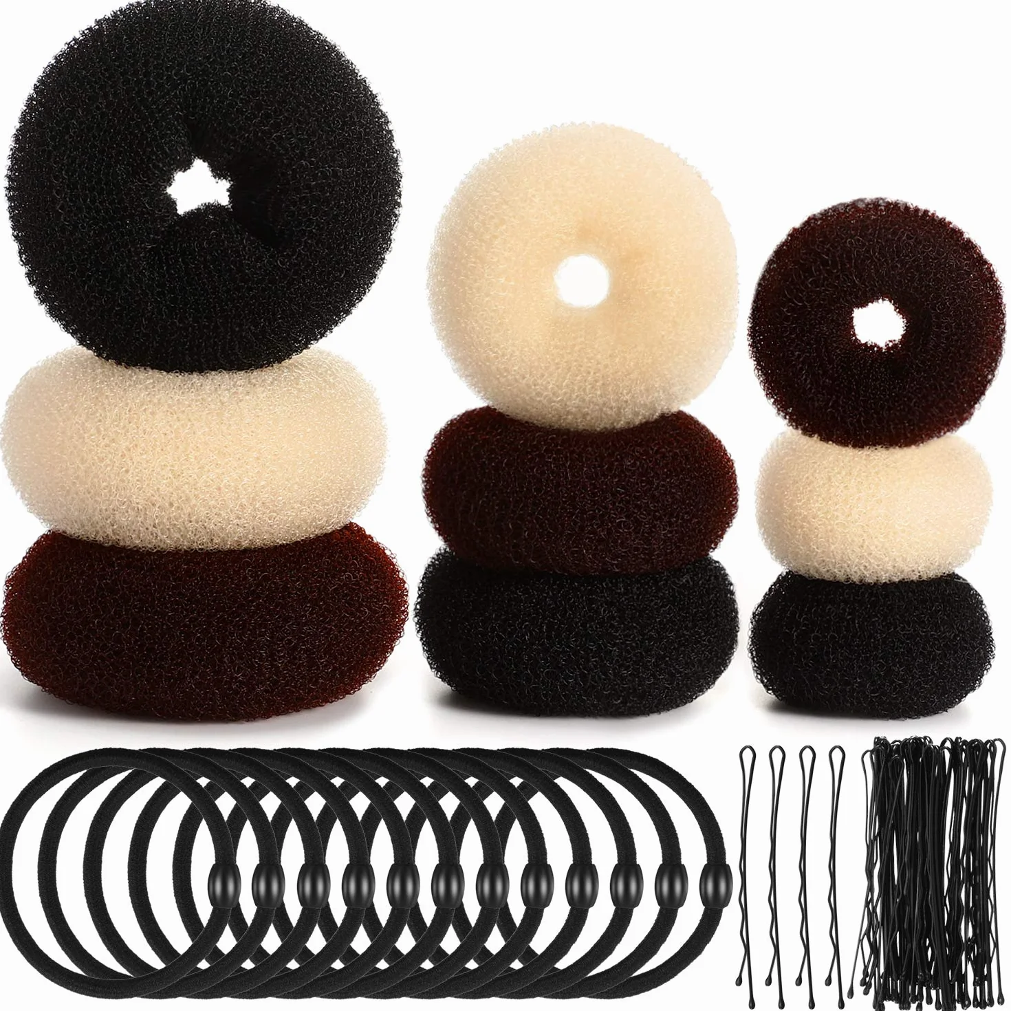 Donut Bun Maker Moño de Pelo Conjunto Anillo 9 Piezas con Bandas Elásticas y Horquillas Negro Marrón Beige