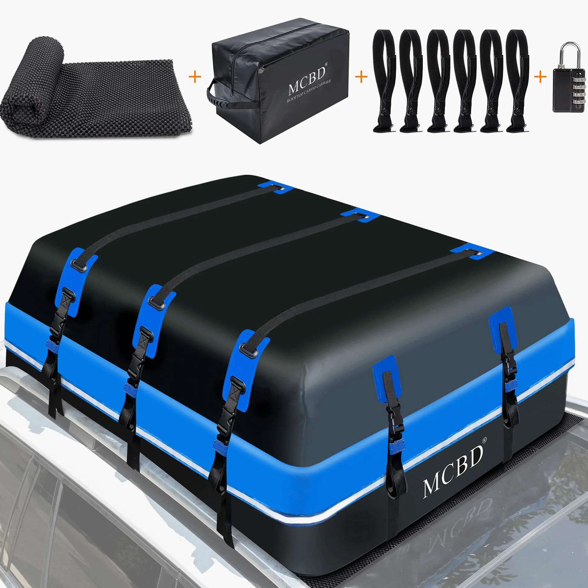 Maletero Techo Coche, 594L, Resistente al Agua, portátil, Apta para Todos los vehículos, SUV con/sin rieles, Incluye 8 Correas reforzadas y 6 Ganchos para Puerta, Azul