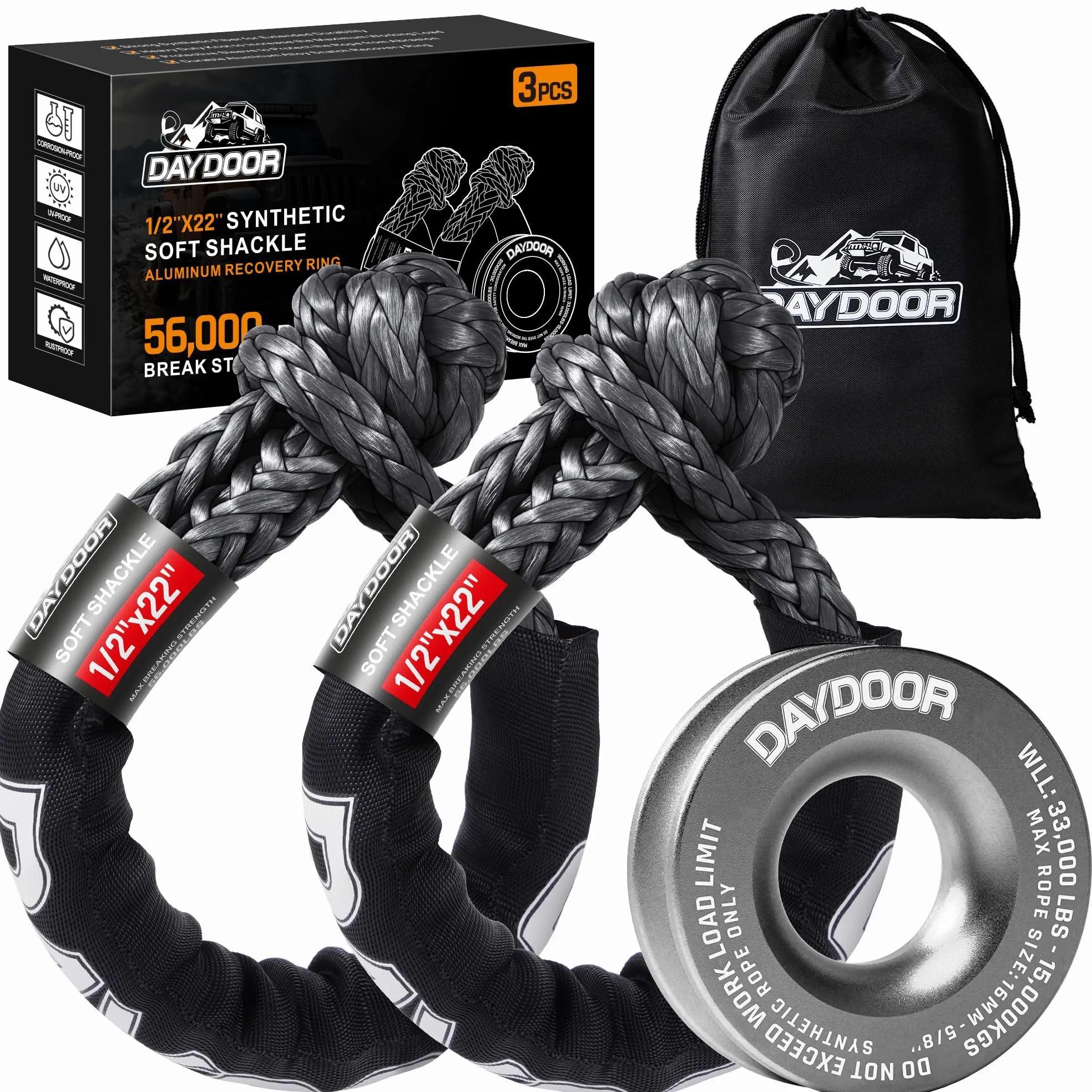 DAYDOOR Kit de Anillo de recuperación de grillete Suave sintético y cabrestante, 2 grilletes Suaves de recuperación de 1/2 x 22 Pulgadas (Resistencia a la Rotura de 55 Libras), 1 Anillo de