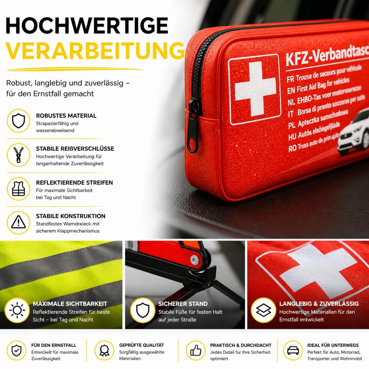 Kit de reparación de averías 3 en 1 para coche con accesorios: botiquín de primeros auxilios, chaleco de seguridad y triángulo de advertencia StVO