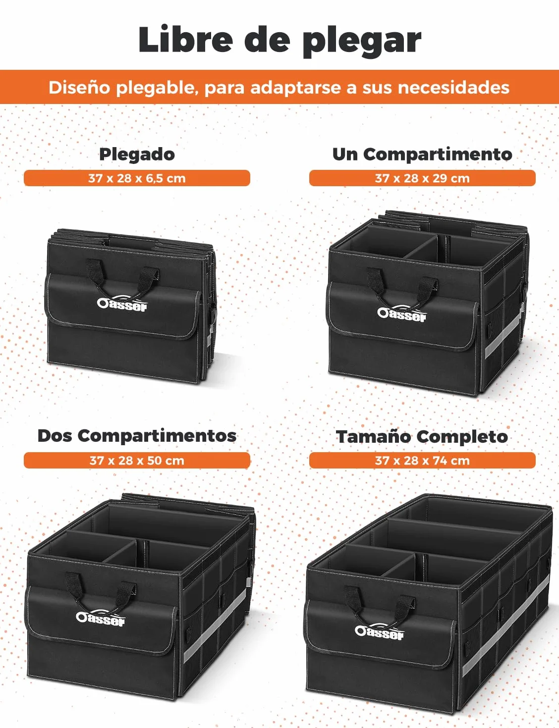 Oasser Organizador Maletero Coche 75L Grande 3 Compartimentos Tapa Desmontable Plegable Antideslizante 1 Bolsillo Grande 6 Bolsas Laterales Malla