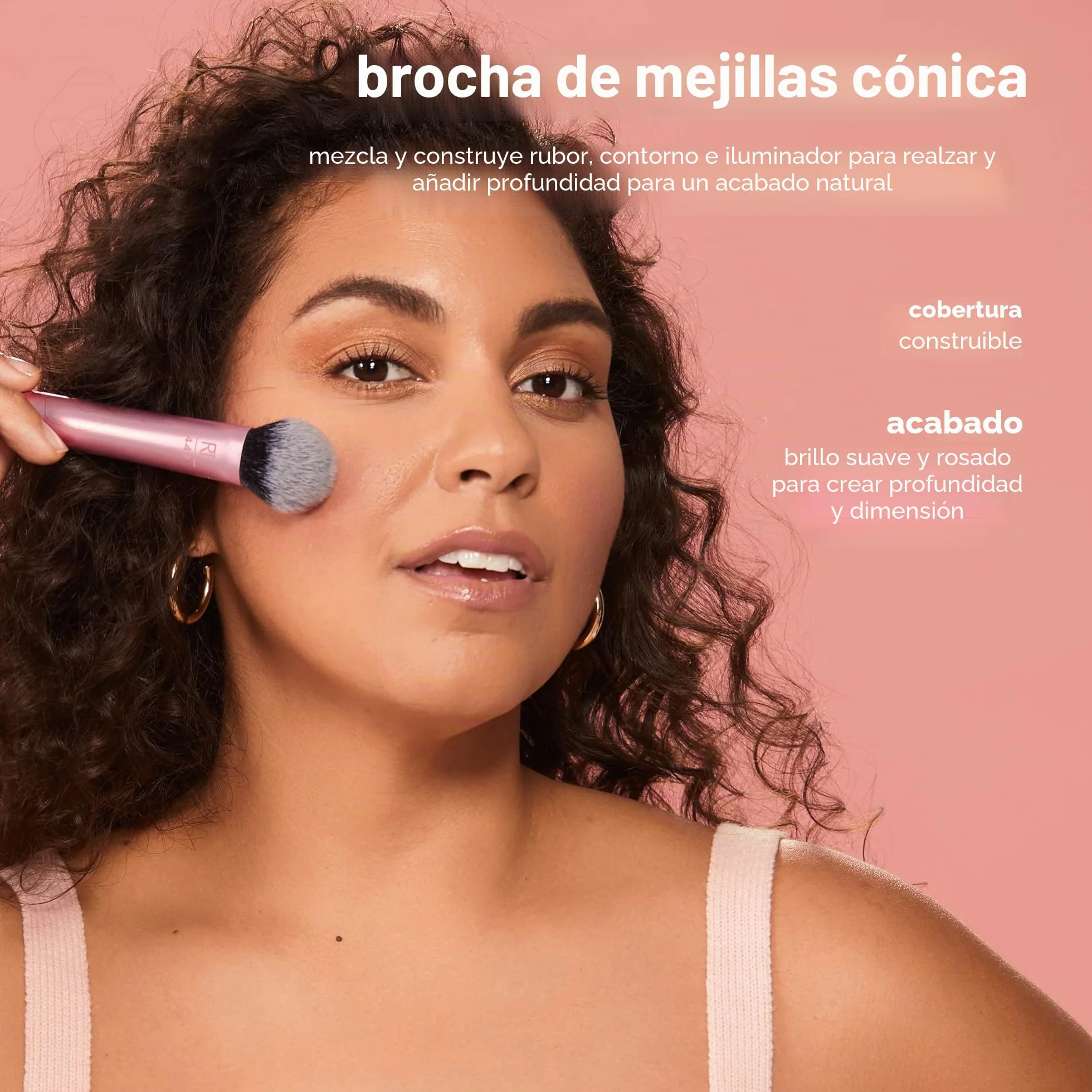 REAL TECHNIQUES Tapered Cheek Makeup Brush, Blush, Highlighter, Loose Powder, Soft Bristles, Pink