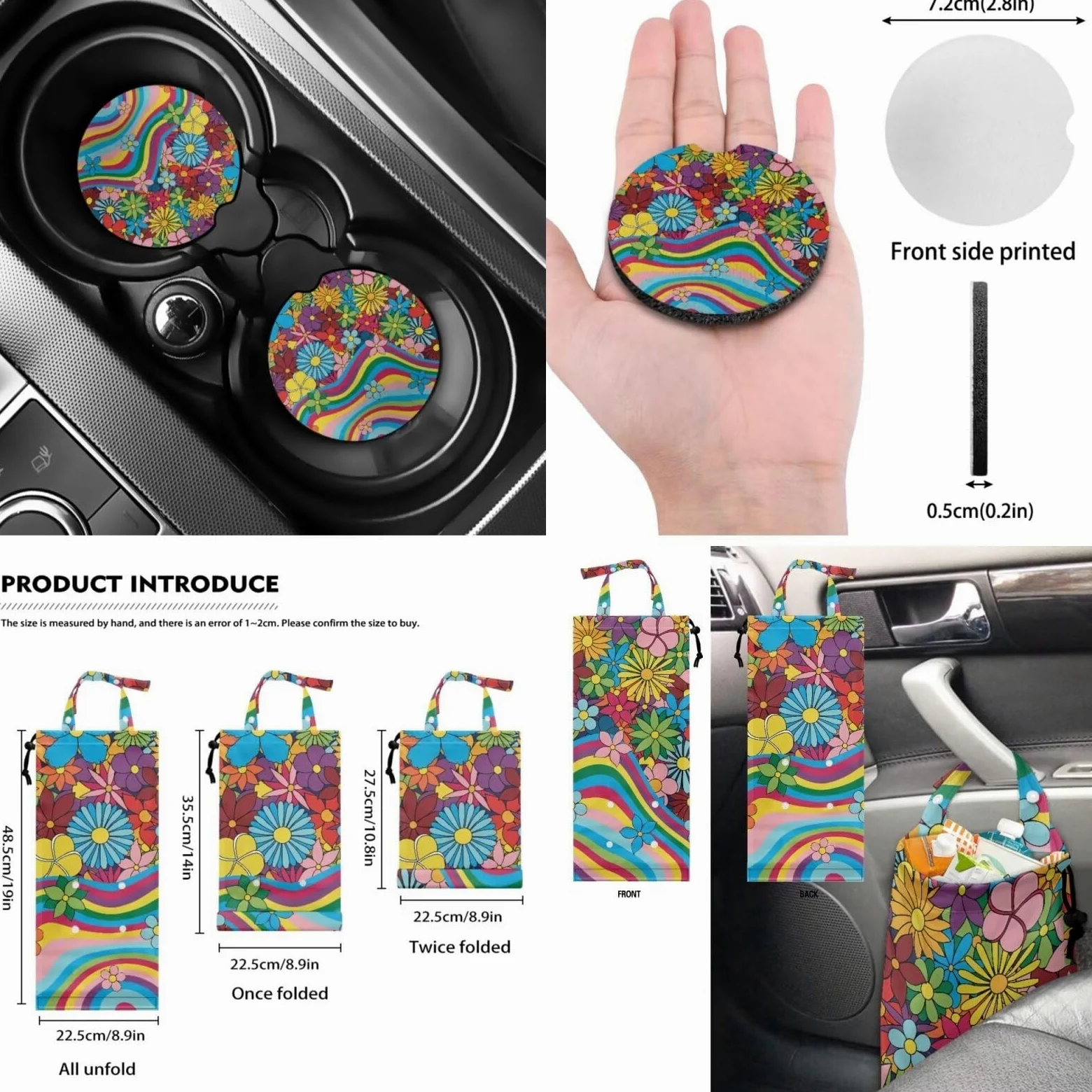 Juego completo de fundas para asientos de coche 70S Floral, juego de 10 con estampado de ondas arcoíris hippie, funda para volante, bolsa de basura
