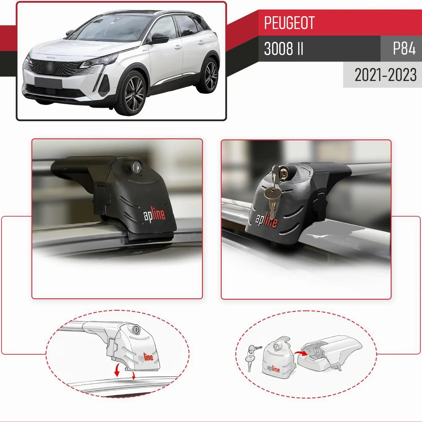 Compatible con Peugeot 3008 II (P84) Post-Facelift 2021-2023 Modelo Ace-2 Barra de Techo Auto Portaequipajes Barras Transversales Gris Aluminio 2 Barras