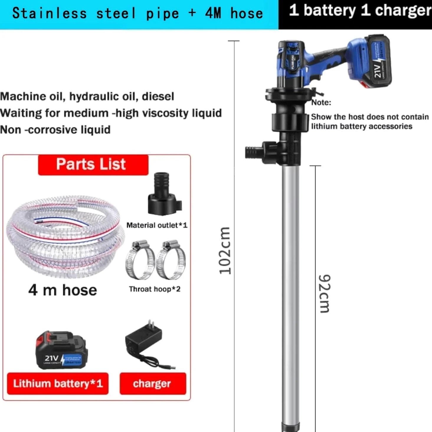 Bomba eléctrica para bidones 80-150 l/min Velocidad ajustable Longitud del tubo 92 cm Succión de alto caudal, para diésel/queroseno/fluidos hidráulicos/aceite comestible Aluminum-tube