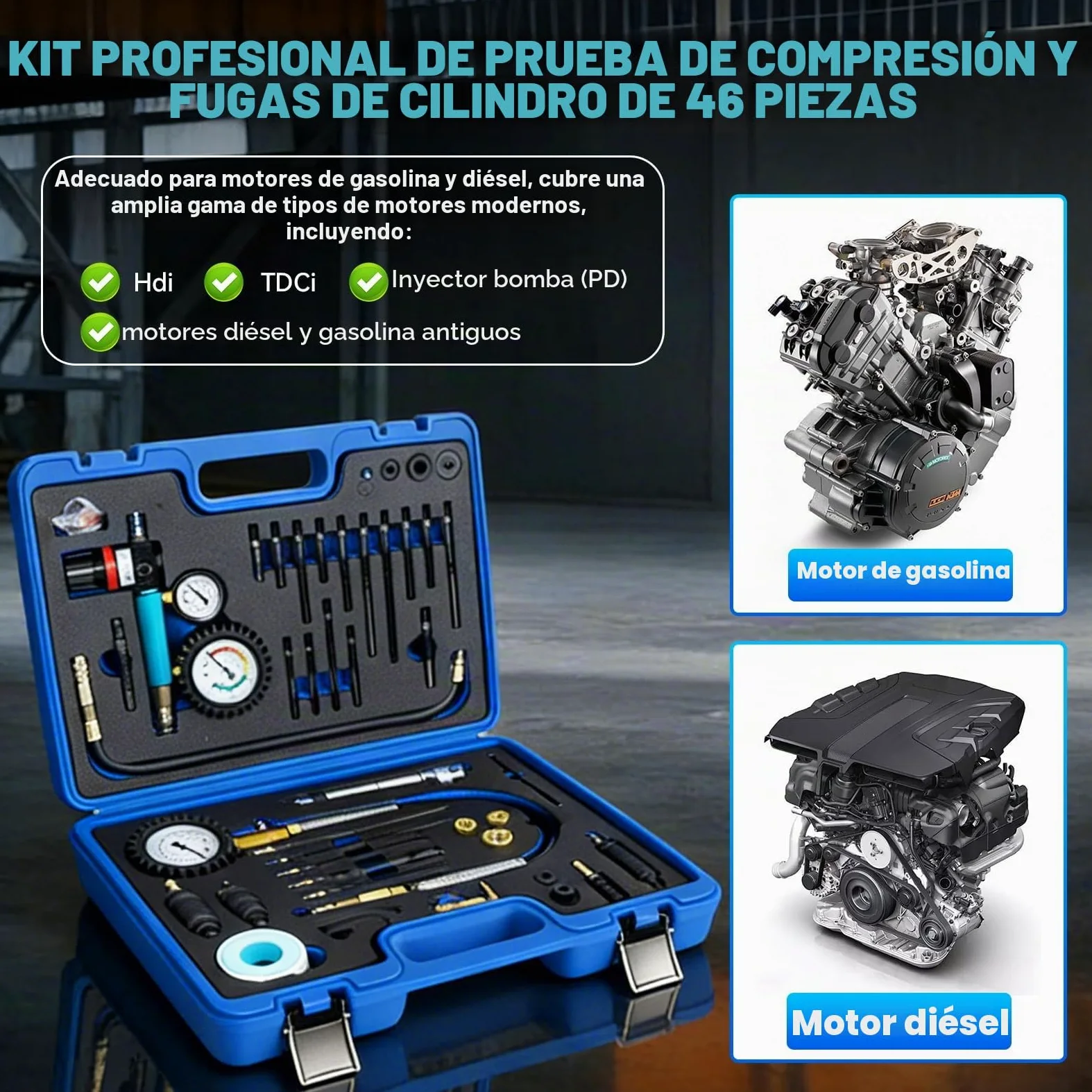 47 Piezas Comprobador de Compresión para Motores de Gasolina y Diésel, Comprobador de Compresión Diésel de 0 a 50 Bar, Kit de Probador de Fugas de Cilindros de Doble Calibre para HDI, TDCi, Motor Pum