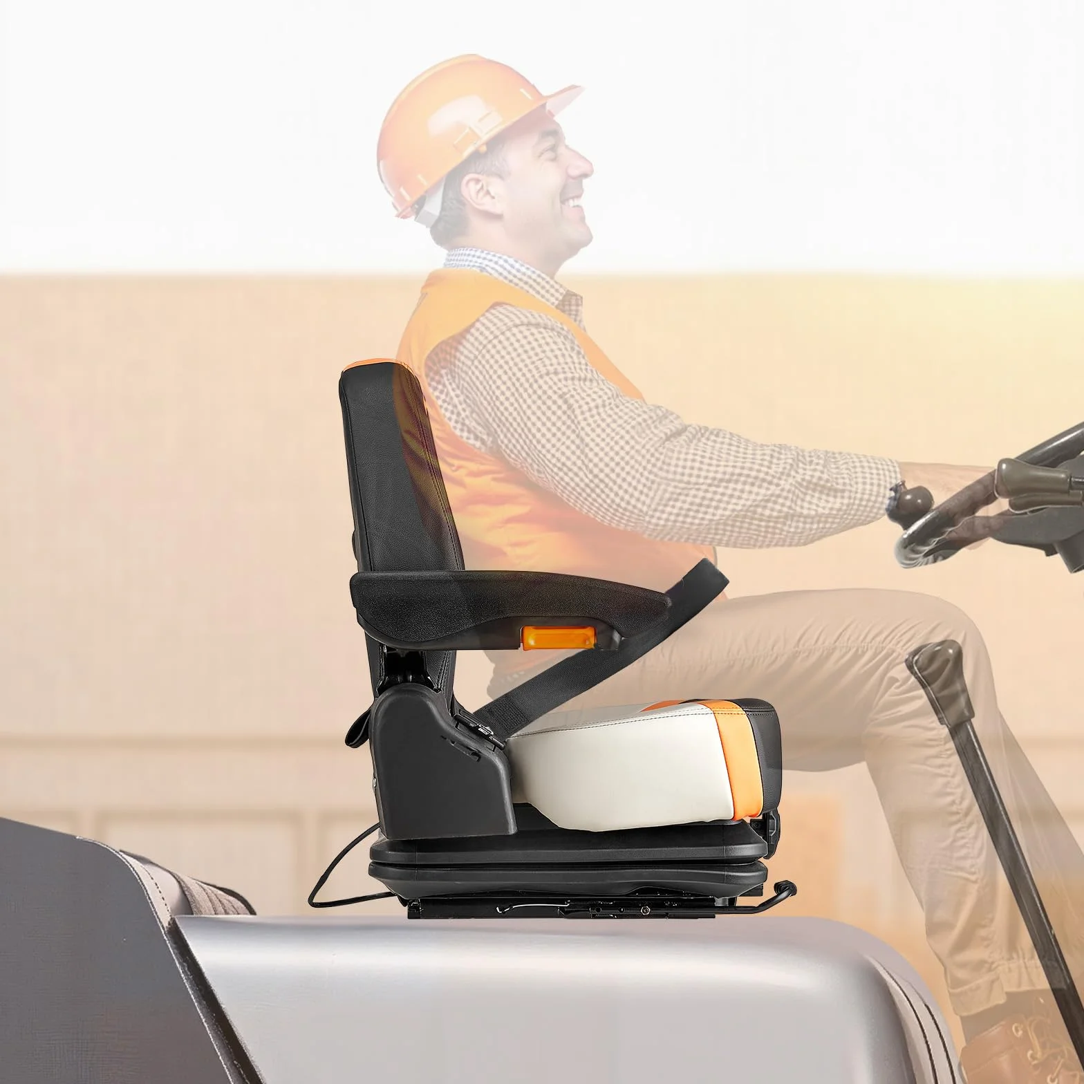 VEVOR Asiento Universal para Carretilla Elevadora 60 x 51 x 64cm, Asiento con Suspensión, Respaldo Ajustable, Reposabrazos y Cinturón de Seguridad, Microinterruptor, para Cortadora de Césped, Tractor
