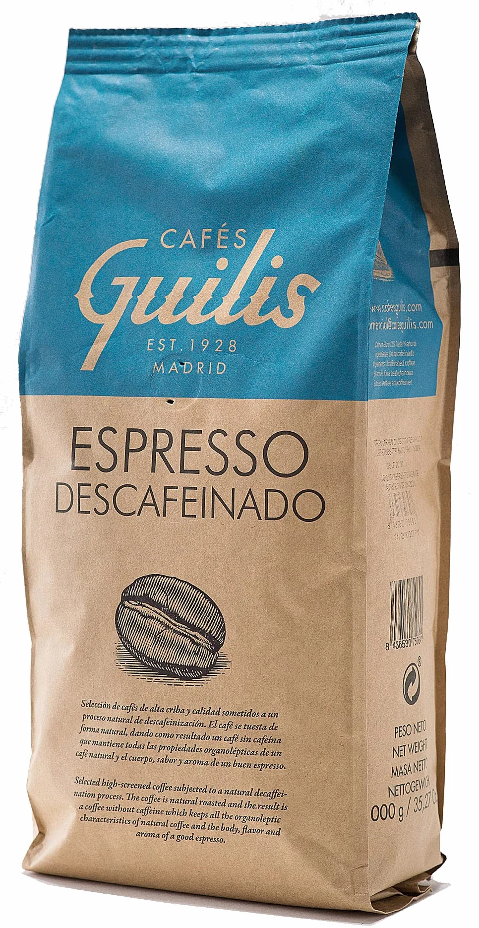 Café en Grano Descafeinado 100% Arábica 1 Kg – Tueste Natural, Sabor Espresso, Aroma Suave y Equilibrado