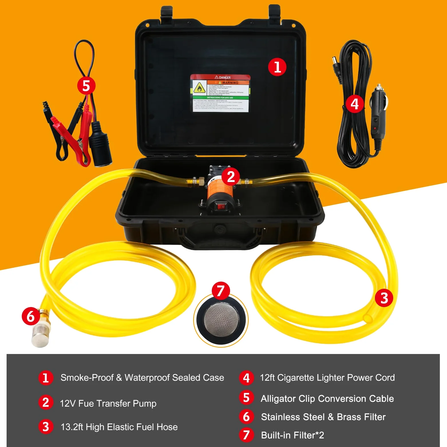 Juego de bomba de transferencia de combustible de 12 V, mueve hasta 120 galones de gas o diésel por hora con motor de 80 W CC y funda de transporte mejorada, adecuada para vehículos, barcos, equipos