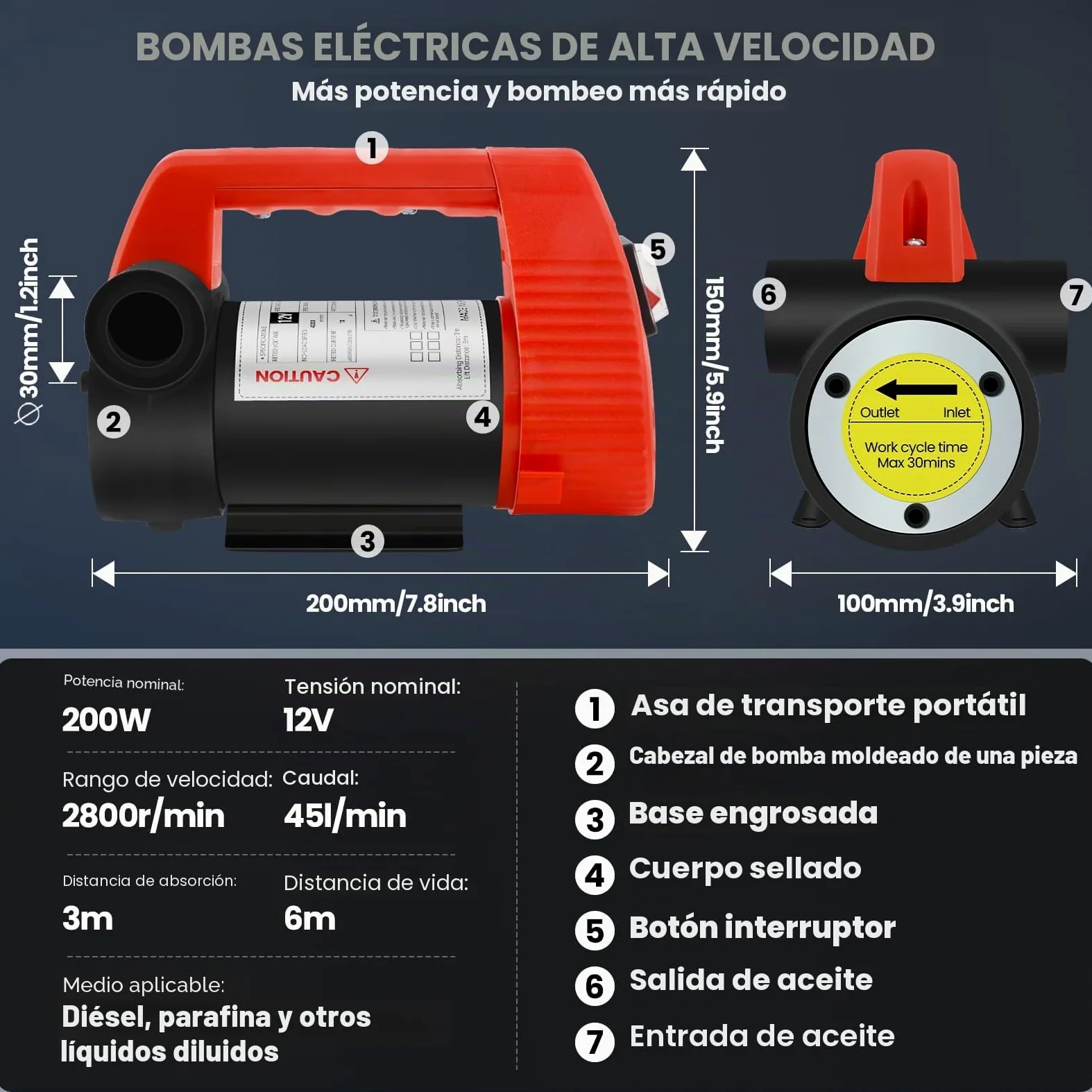 Bomba de Transferencia de Diesel 12V 200W Bomba de Transferencia de Combustible con Boquilla de Auto Apagado y Mangueras, Kit de Combustible Autocebante