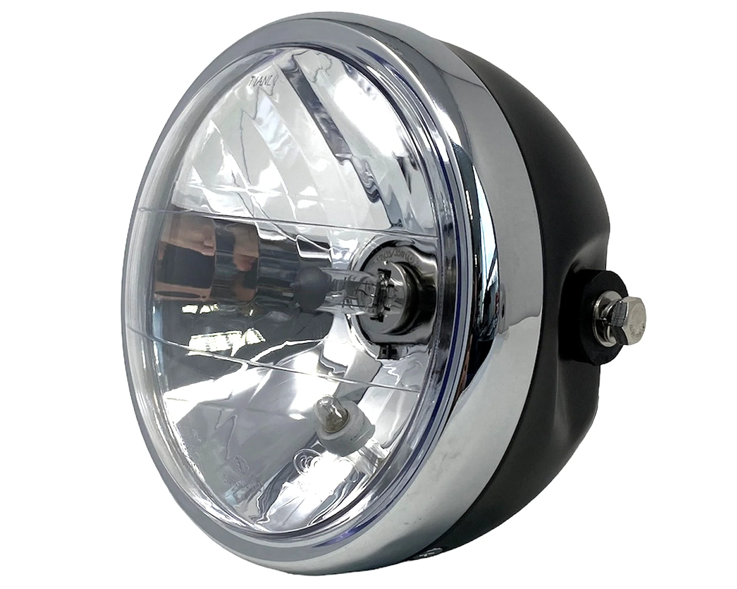 Alchemy Parts - Faro de moto, 165 mm de diámetro, universal para Retro-Café-Racer, Custom Street Bike, Project Roadster, Homologado con E-Prüfzeichen (negro mate con llanta cromada)