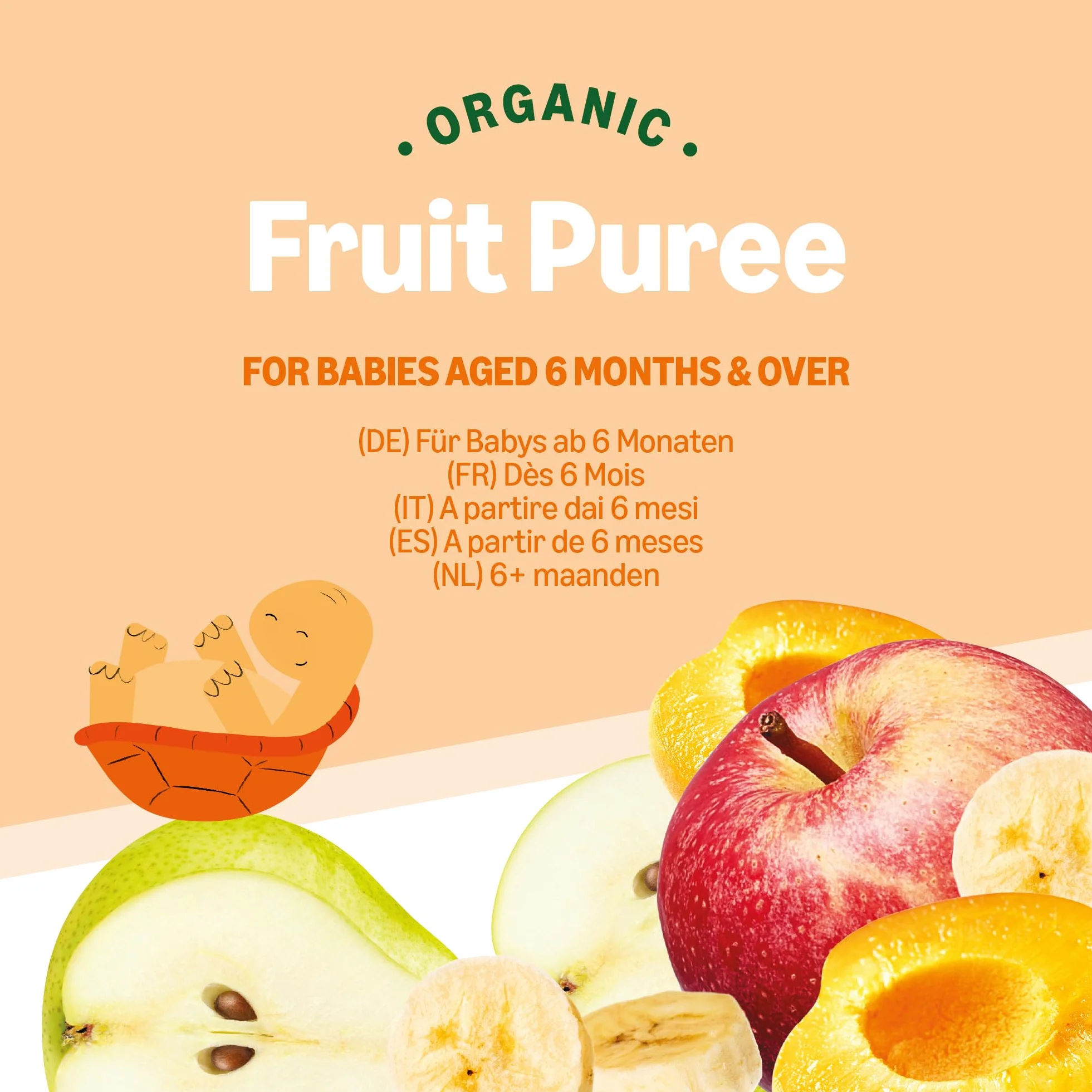 Bolsitas de Puré de Manzana, Plátano, Pera y Albaricoque Ecológico - 6 x 90g