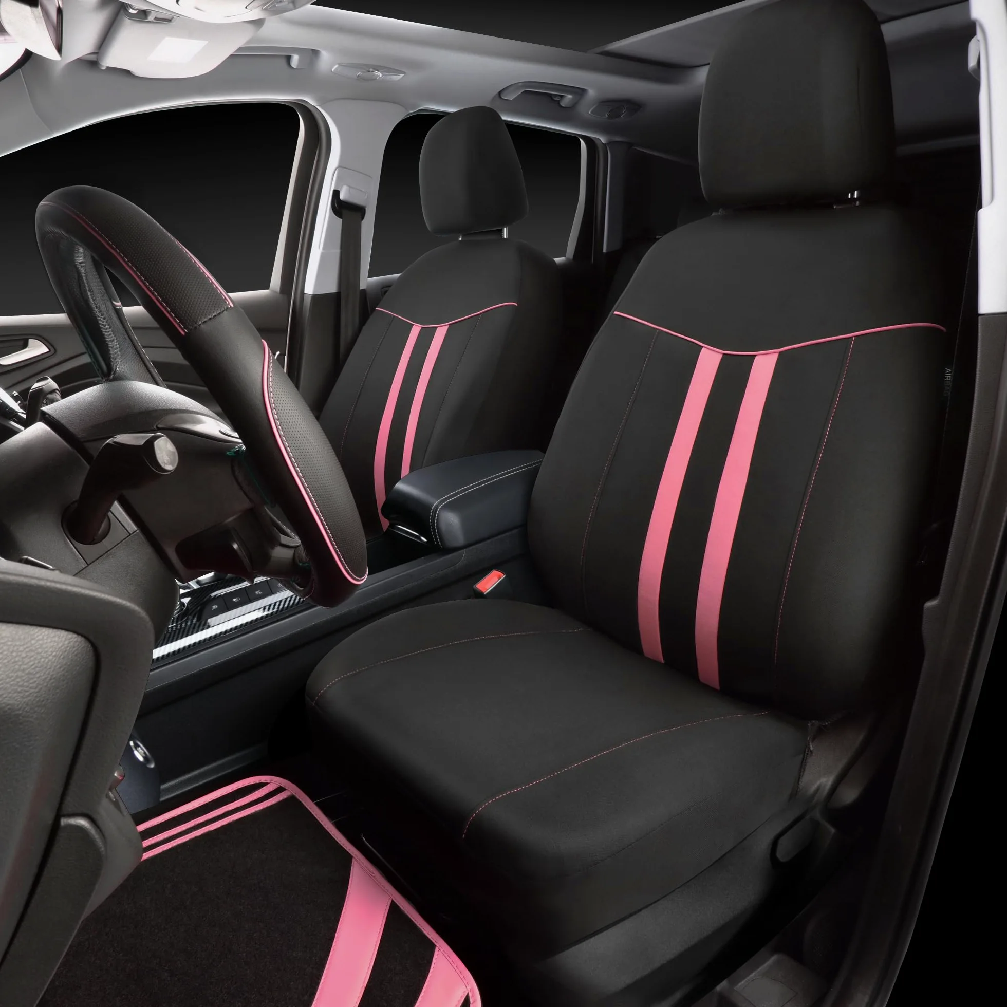 CAR PASS Juego completo de fundas de asiento de coche para mujeres y niñas con alfombrillas impermeables para automóvil, funda de volante de cuero antideslizante, ajuste universal para SUV,