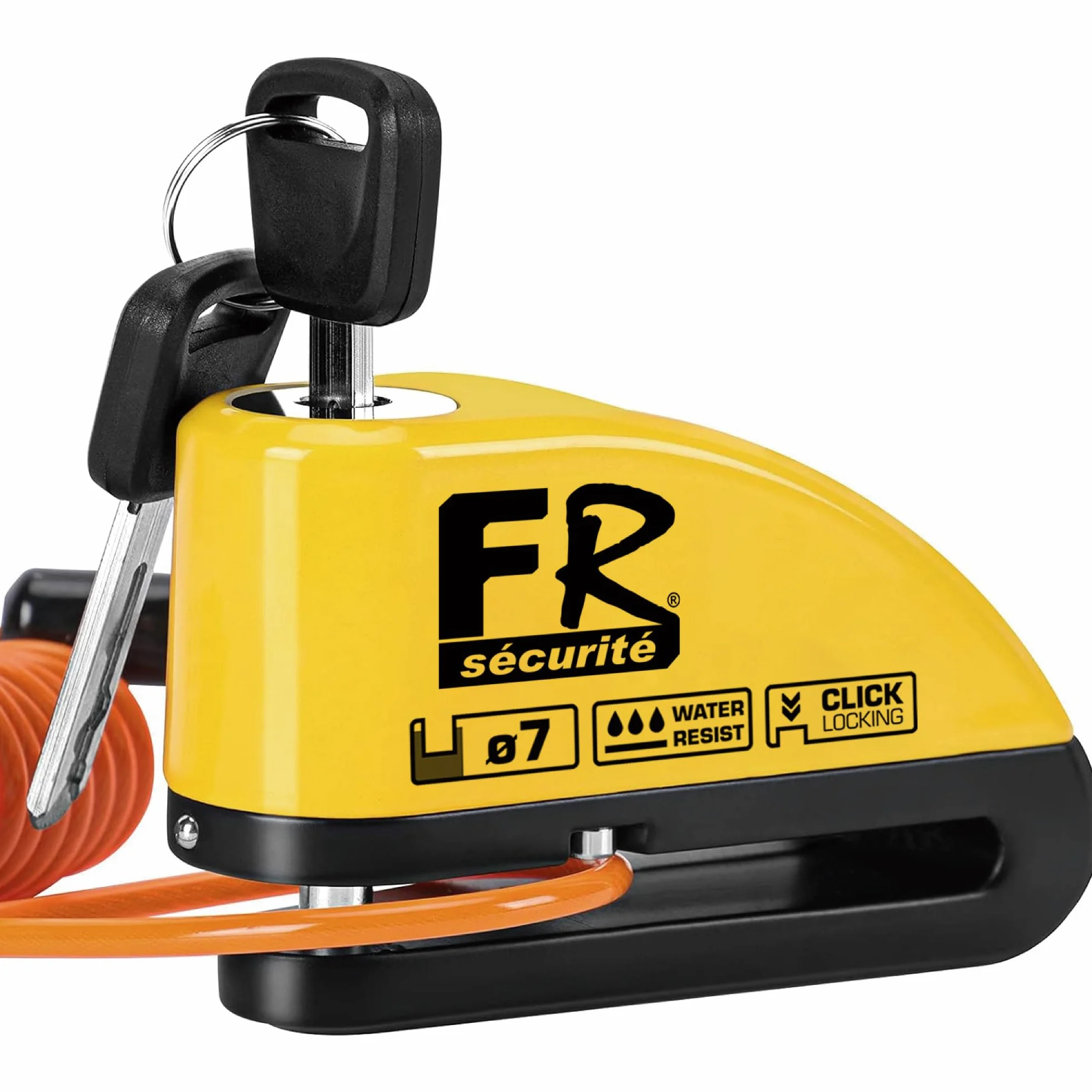 FR Sécurité FR7Y Candado Moto Disco con Alarma 110 DB, Antirrobo Moto Freno 7mm con Accesorios 1.5m Cable Recordatorio y Candado Bolsa, Pinza Moto Antirrobo para Motocicletas Bicicleta