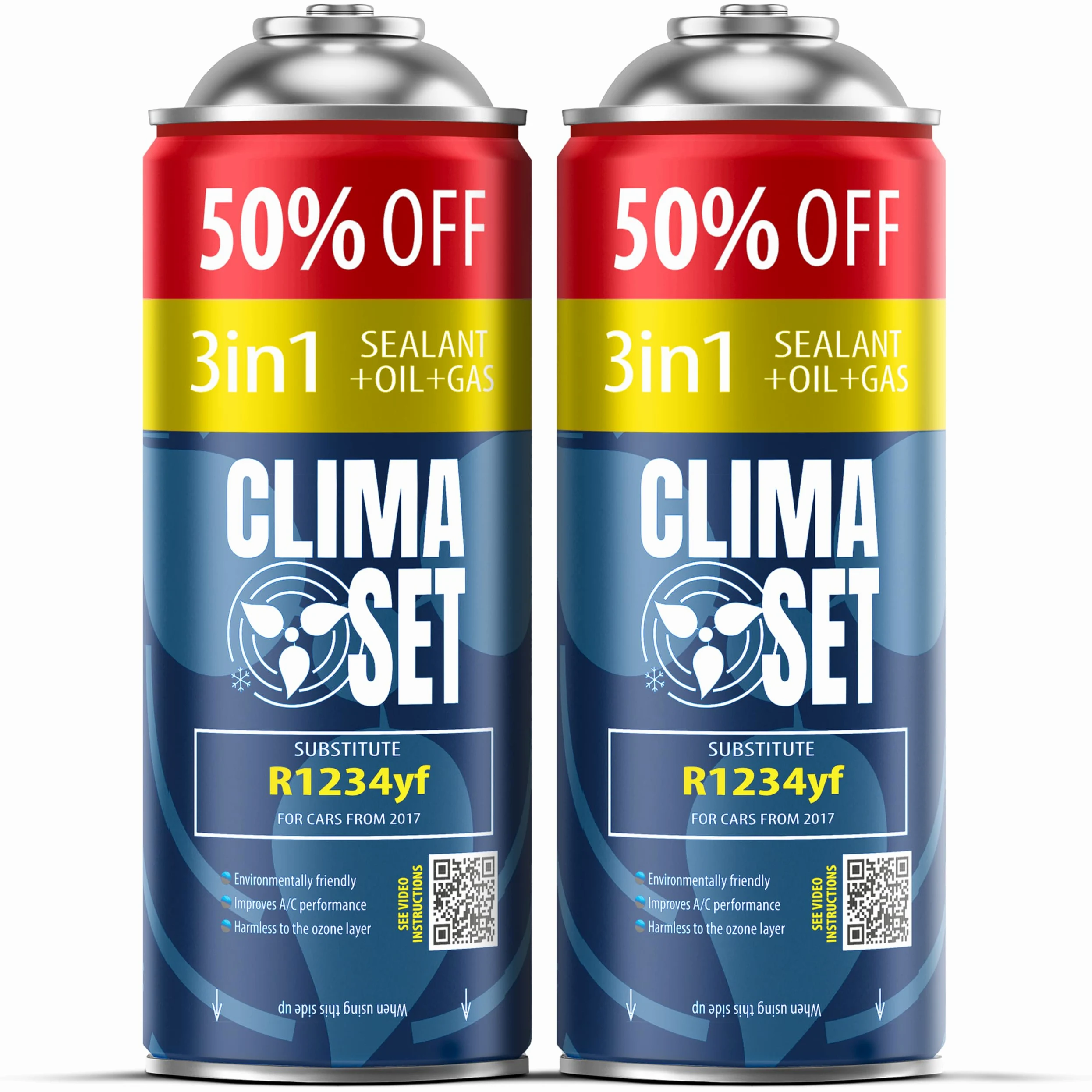 ClimaSet Recambio gas R1234yf 3in1 - Kit recarga aire acondicionado coche 2x235 g - Sustituto del refrigerante R1234yf - botella refrigerante coche - Gas aire acondicionado coche - ECO