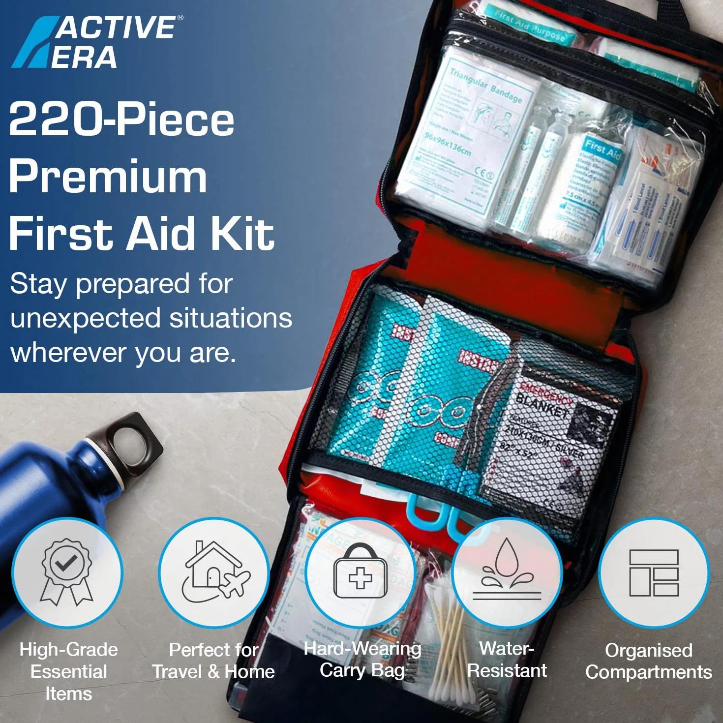 Botiquín de Primeros Auxilios Premium 220 piezas con Kit Lavado Ojos y Manta Emergencia