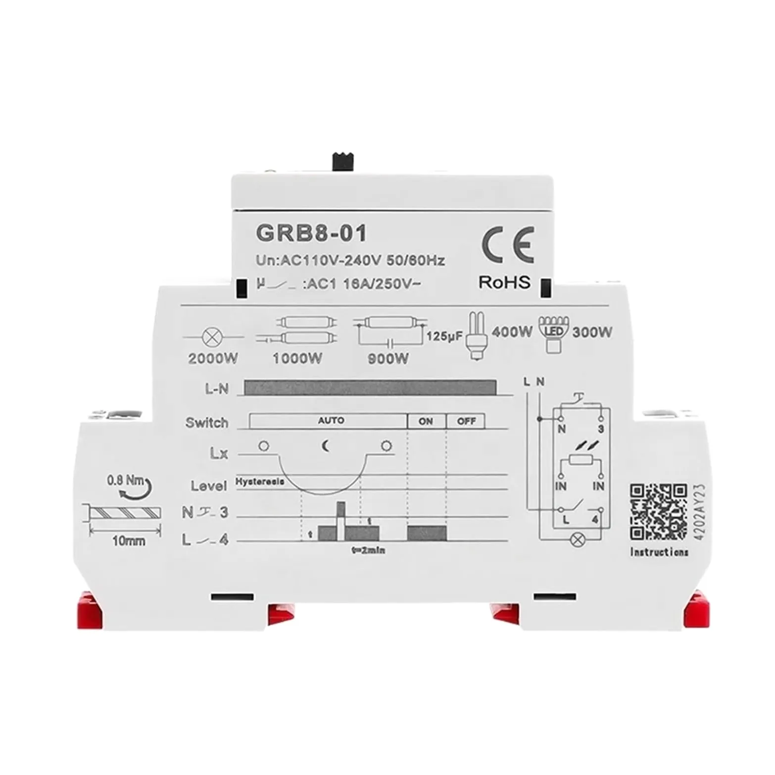 GRB8-01/02 Interruptor crepuscular de riel DIN Temporizador fotoeléctrico Sensor de luz Relé CA 110 V-240 V Automático(GRB8-01 AC110-240V)