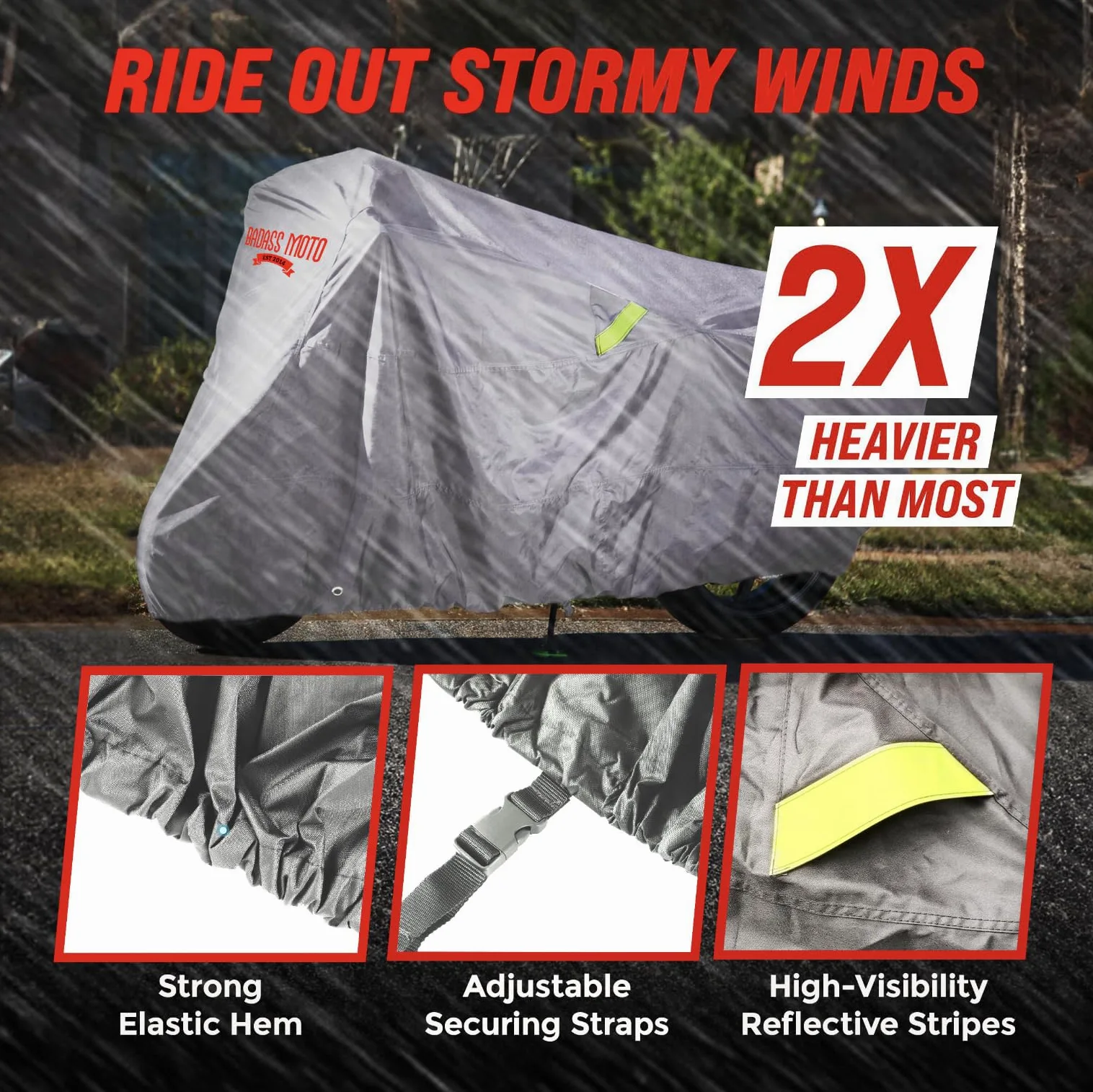 Badass Moto Ultimate - Funda impermeable para motocicleta, fundas de motocicleta para almacenamiento al aire libre para Harleys, bicicleta de calle o deportiva, costuras selladas, forro de parabrisas