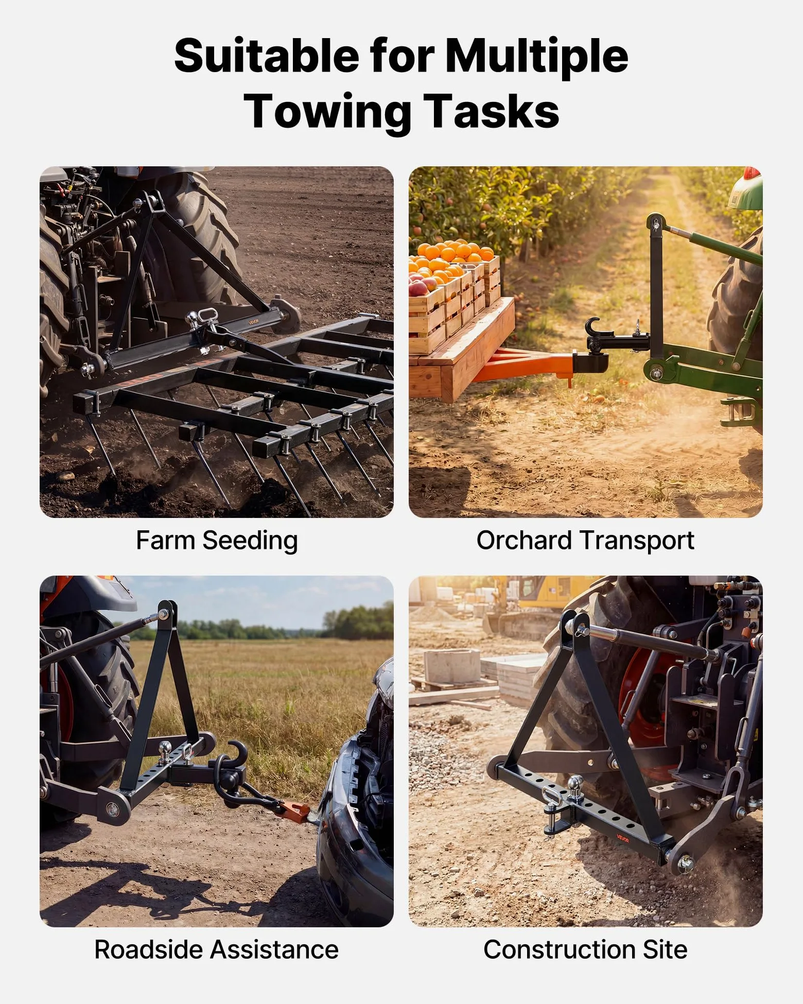 VEVOR Enganche de Remolque de 3 Puntos, Adaptador de Acoplamiento con Enganche de Cabeza Esférica, Compatible con Tractores de Categoría 2 de Kubota Mahindra Ford Yanmar John Deere Massey Ferguson