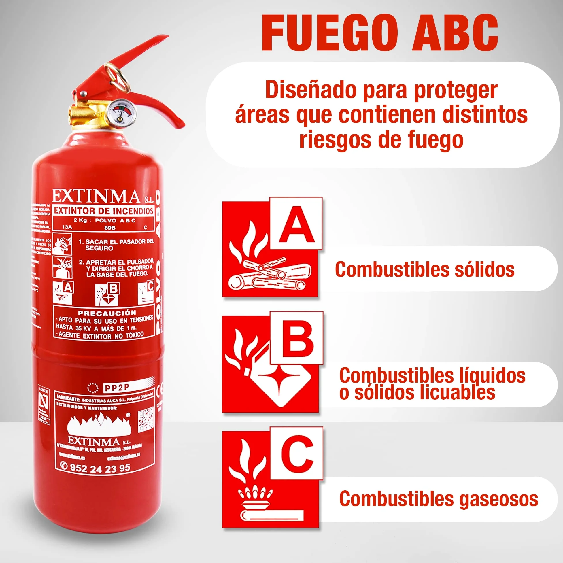 Extintor Polvo ABC 2kg con soporte, homologado CE y AENOR. Ideal para coche, casa, caravana, camper, autocaravana. Alta eficacia. Portátil, compacto. Fabricado en España. Seguridad total.