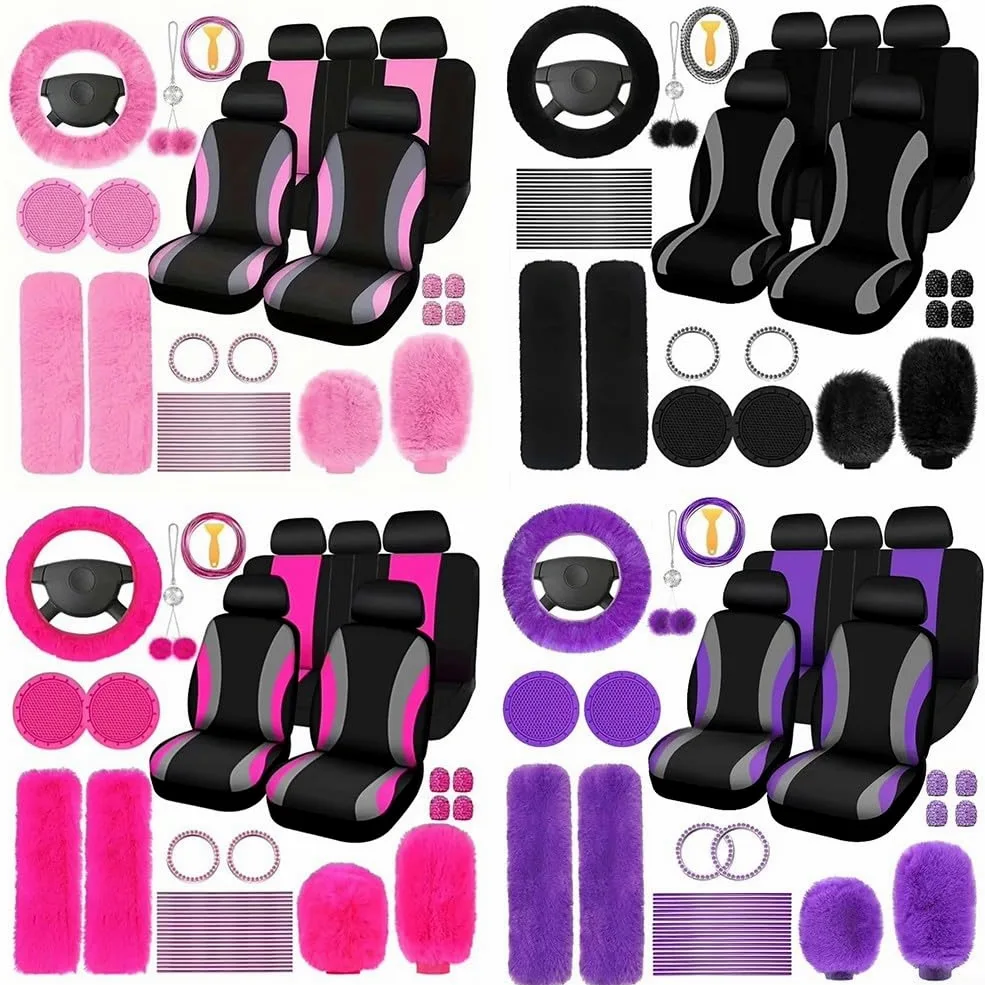 Juego completo de 45 accesorios para coche, incluye fundas de felpa para volante y palanca de cambios para mayor comodidad (morado)