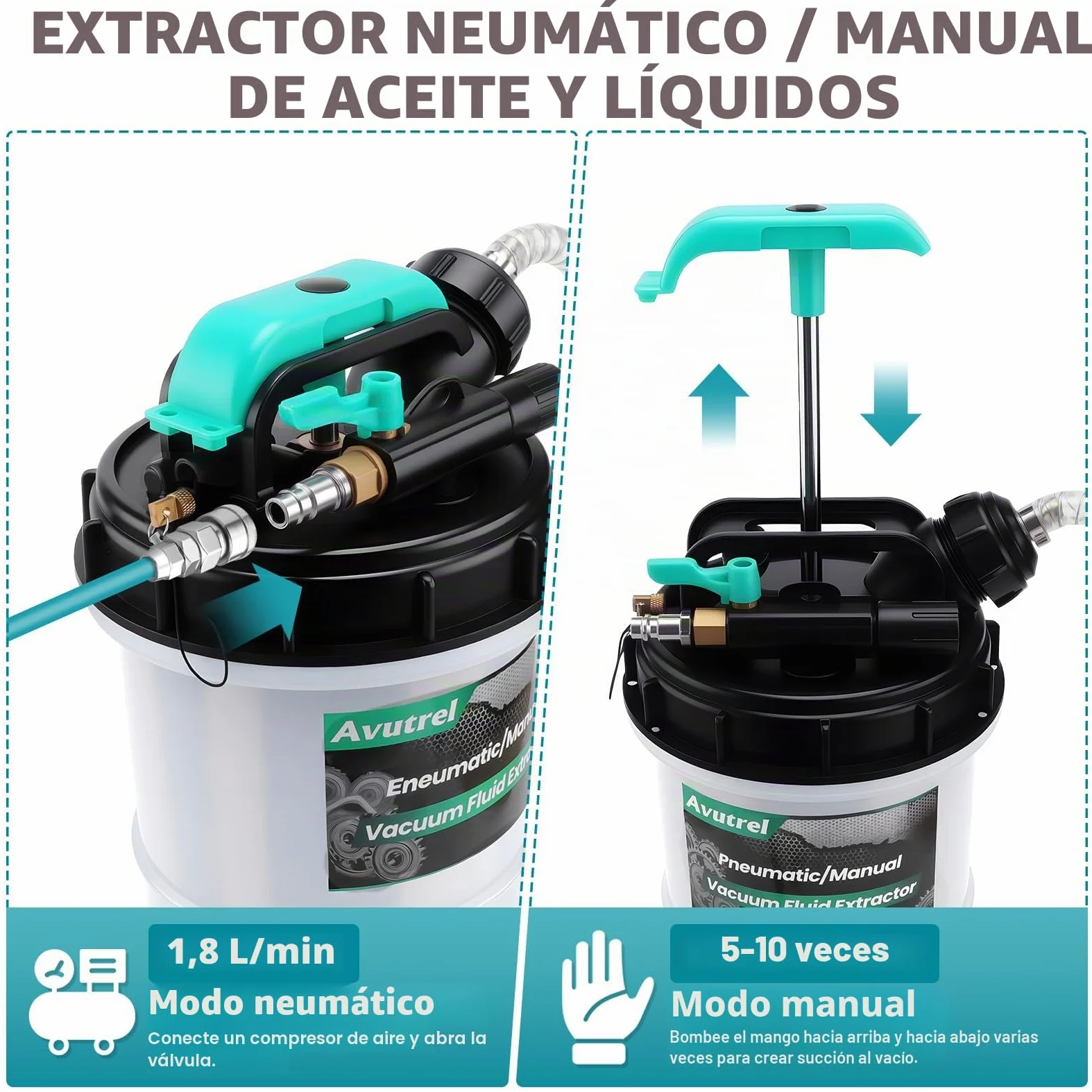 5,3L Manual y Neumática Bomba Succión de Aceite | Bomba Extractora de Fluidos Líquido de Transmisión con 6 Mangueras y Válvula de Seguridad, Bomba de Cambio de Aceite de Motor
