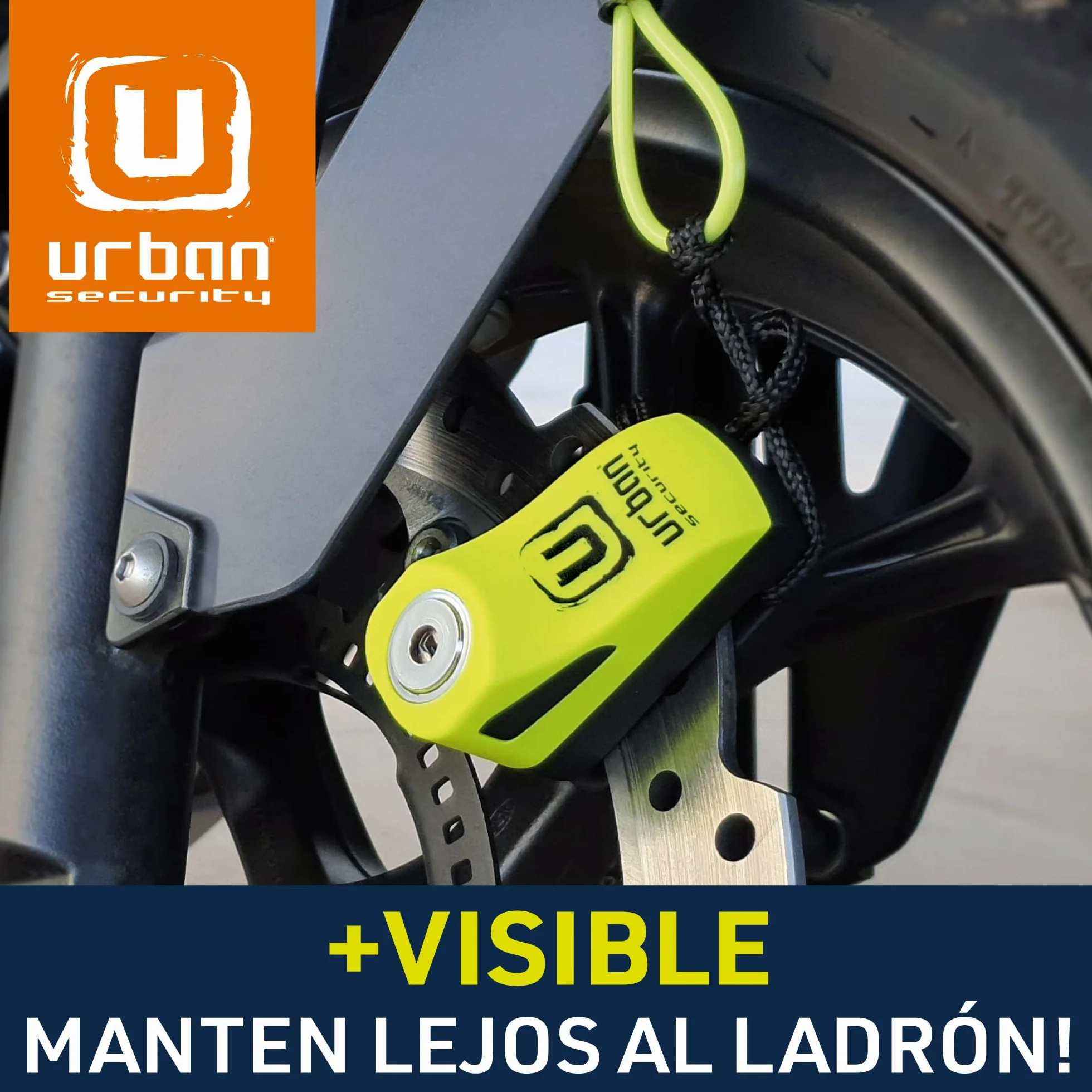 URBAN UR955Y Candado Moto Disco Universal, Seguridad Compacta y Eficaz, Más Visible Más Disuasorio, Rápido Bloqueo Click, Antirrobo Bloqueo Pinza Disco Freno Moto, Bicicleta, Patinete Electrico