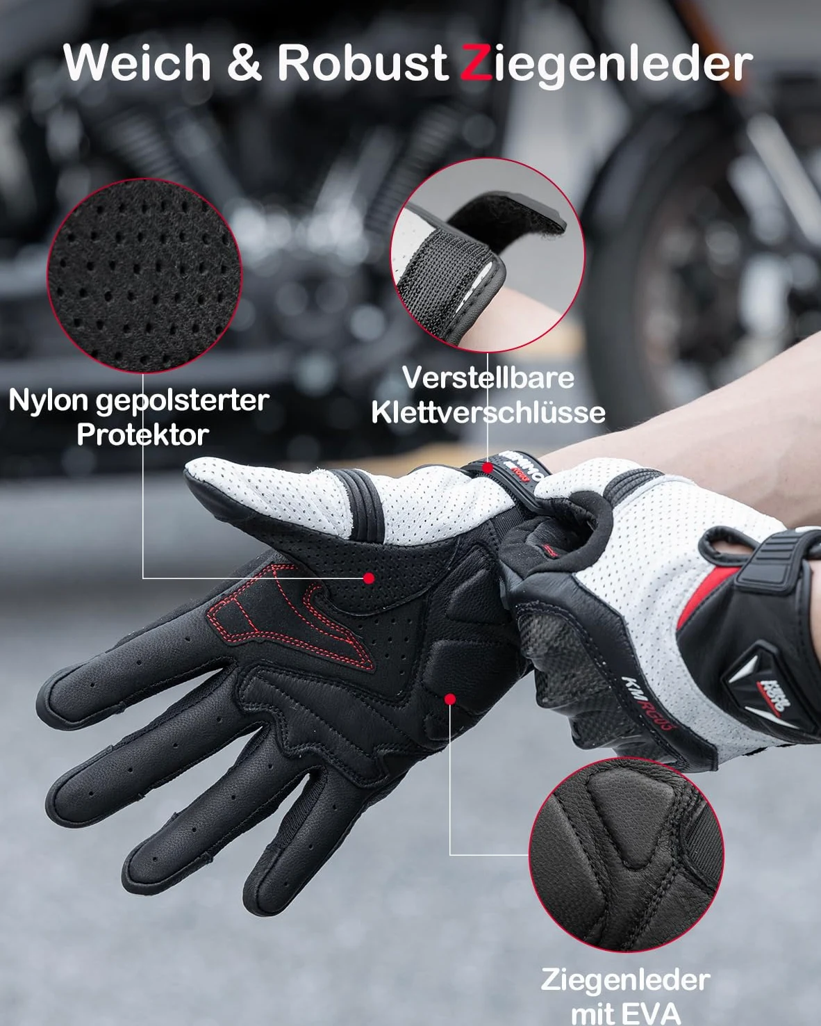 KEMIMOTO Guantes Moto Hombre, Piel de Cabra Dedos Completos con Almohadillas Antideslizantes, Pantalla Táctil y Protección para Motocross, Scooter