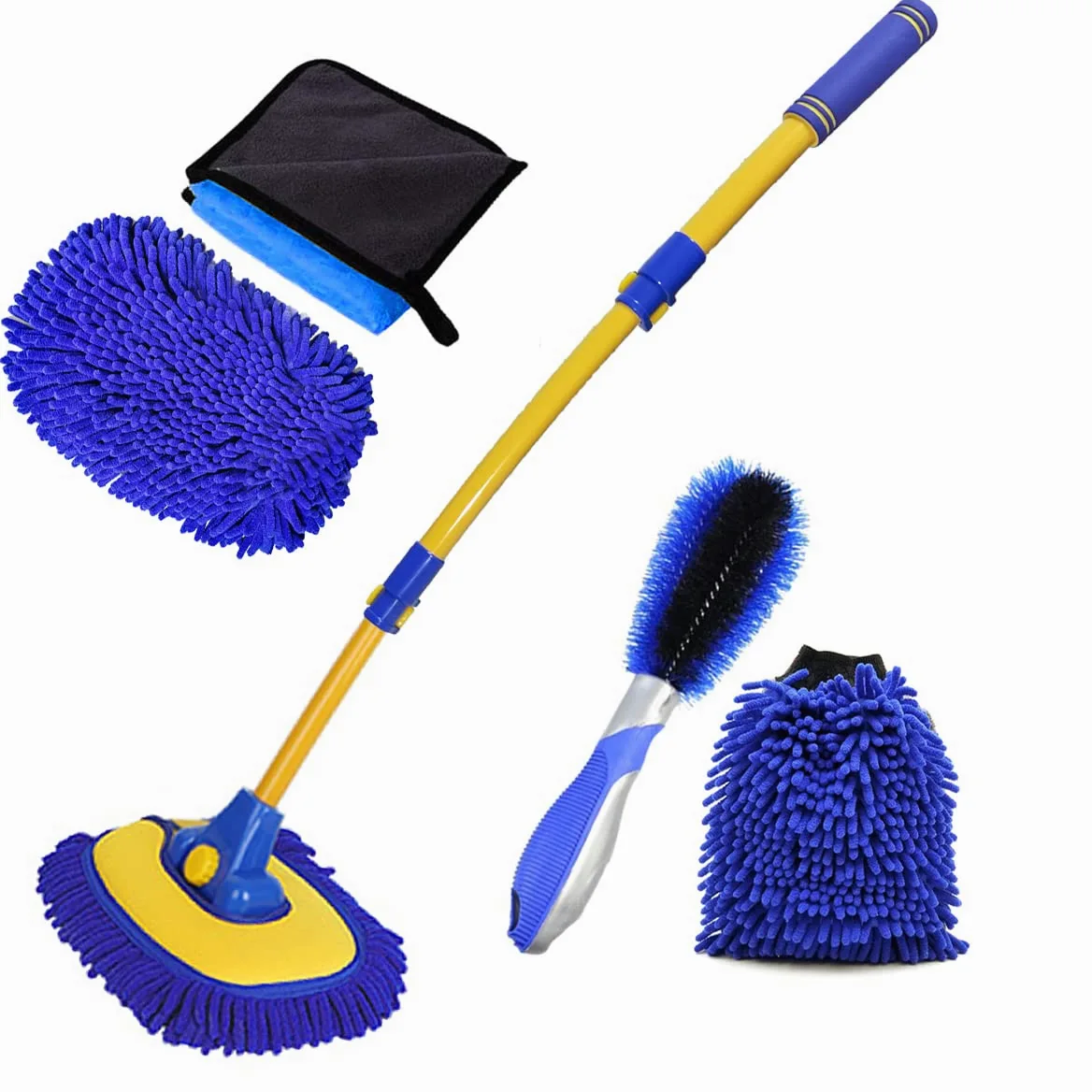 BMLEI Cepillo de lavado de coche con mango largo, guante de microfibra de chenilla con 1 cabezal de repuesto, cepillo de rueda de lavado de coche, barra de extensión, kit de limpieza de cepillo de