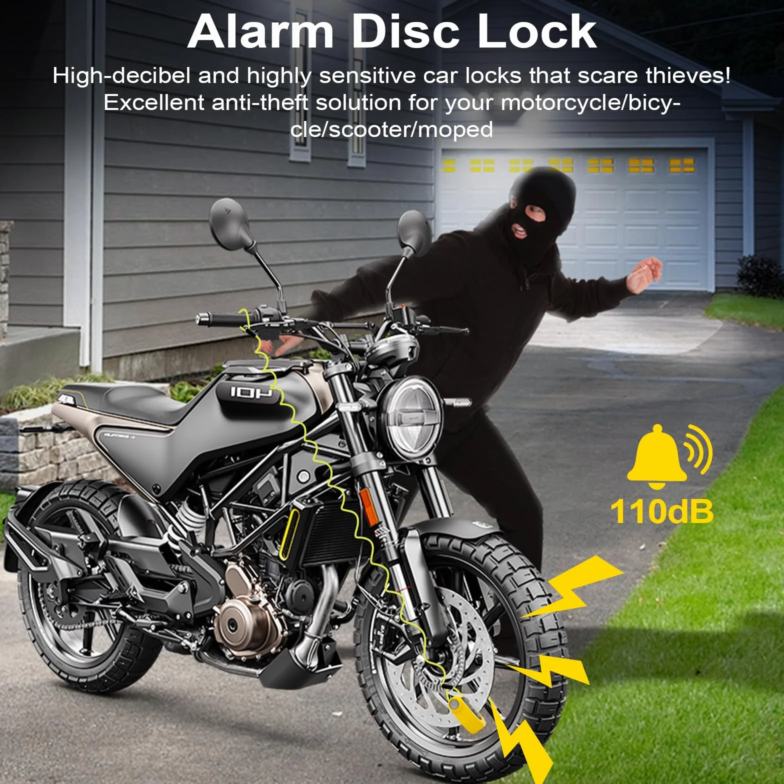 Vemfay Candado Moto Disco con Alarma 110 DB, Candado de Freno de Disco con Cable de Recuperación de 1,2 m, Candado de Alta Seguridad para Moto, Ciclomotor, Bicicleta, Scooter
