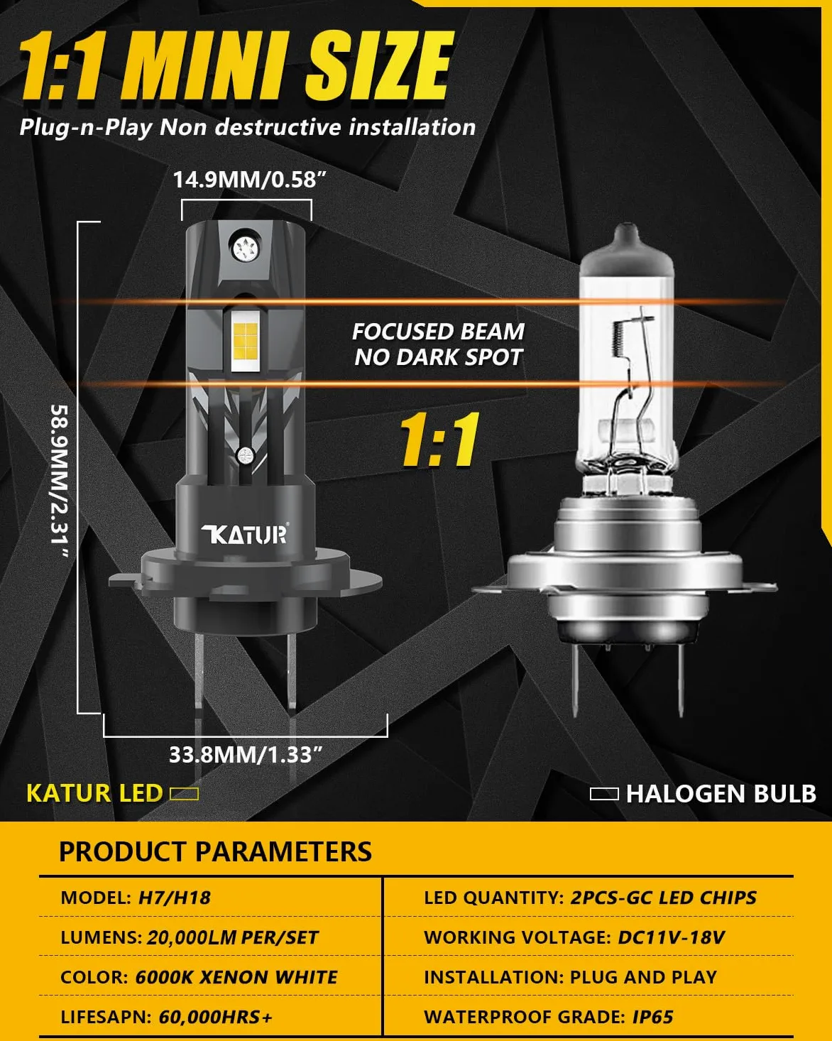 KATUR - Bombilla LED H7 30000LM + 600% luz, 6000 K, color blanco, antierror, extremadamente brillante, 100 W, bombilla H7 LED para coche(paquete de 2)