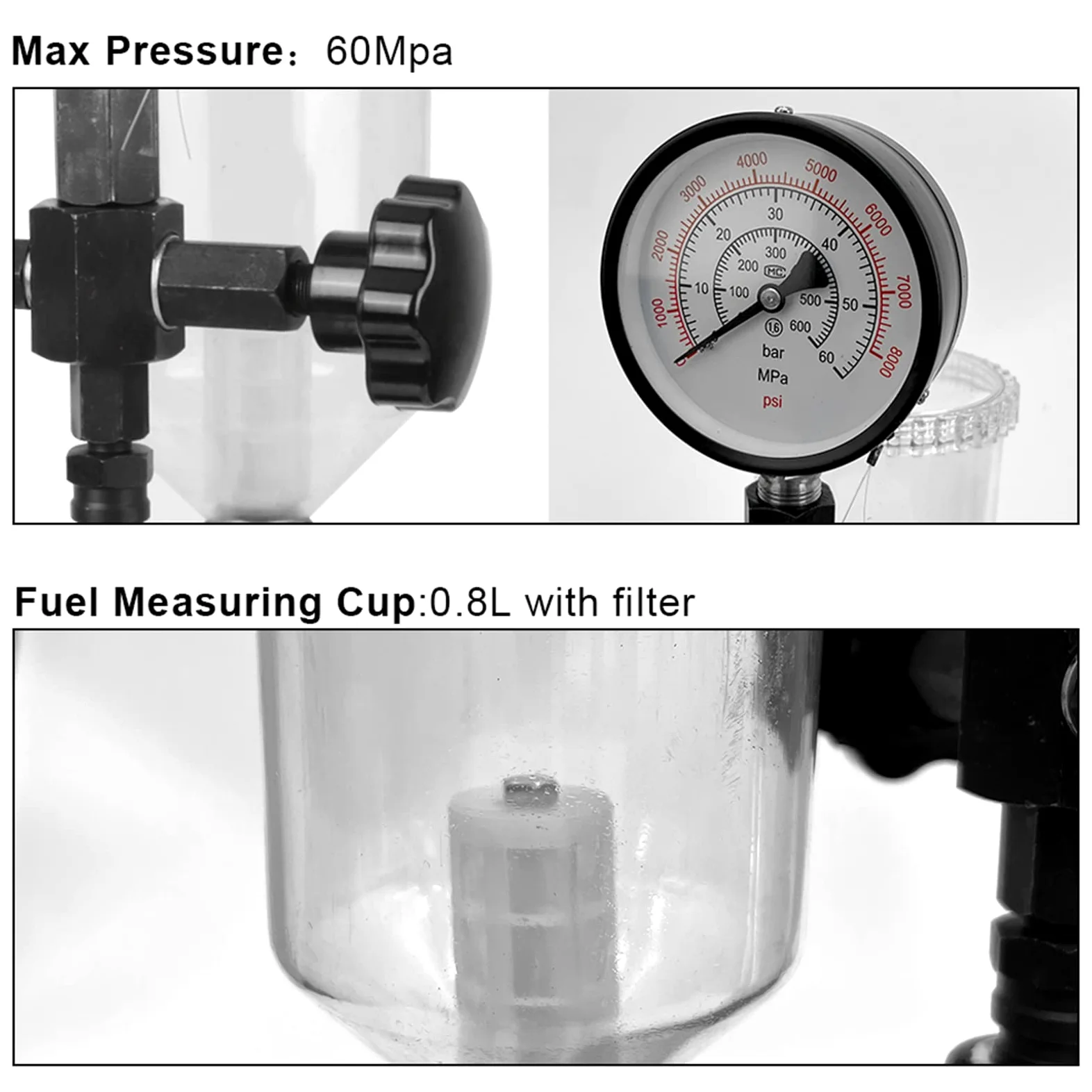 Comprobador de inyectores de combustible diésel con escala doble, 60 MPA, 8000 PSI, para vehículos tractores, comprobador de inyectores diésel, prueba de presión de riel común, medidor de combustibl