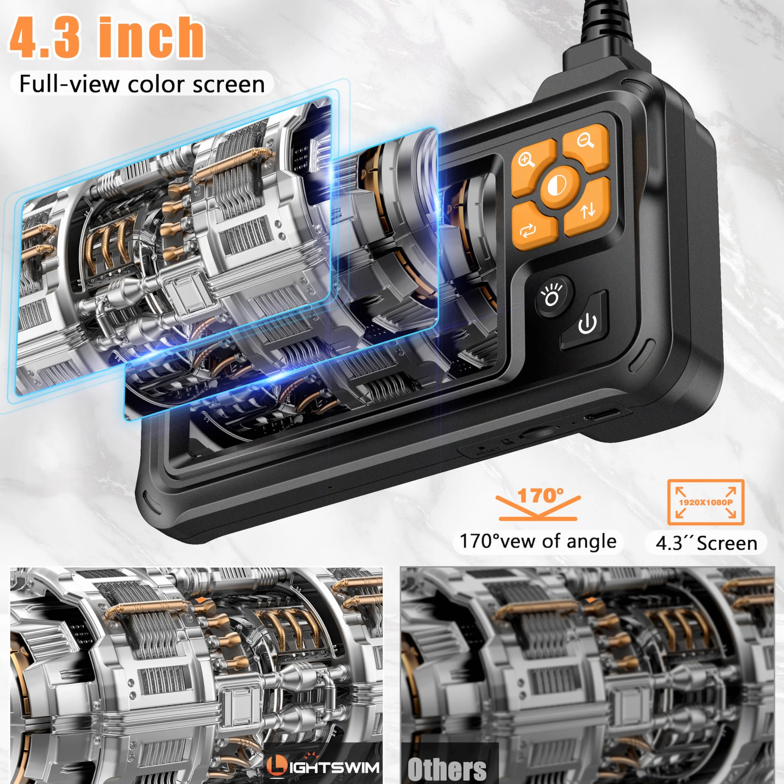 Lightswim - Boroscopio Digital Industrial HD 1080P, cámara de inspección endoscópica IPS de 4.3 Pulgadas con alcantarillado de Serpiente Impermeable IP67 de Mano con 8 Luces LED, Cable semirrígido de