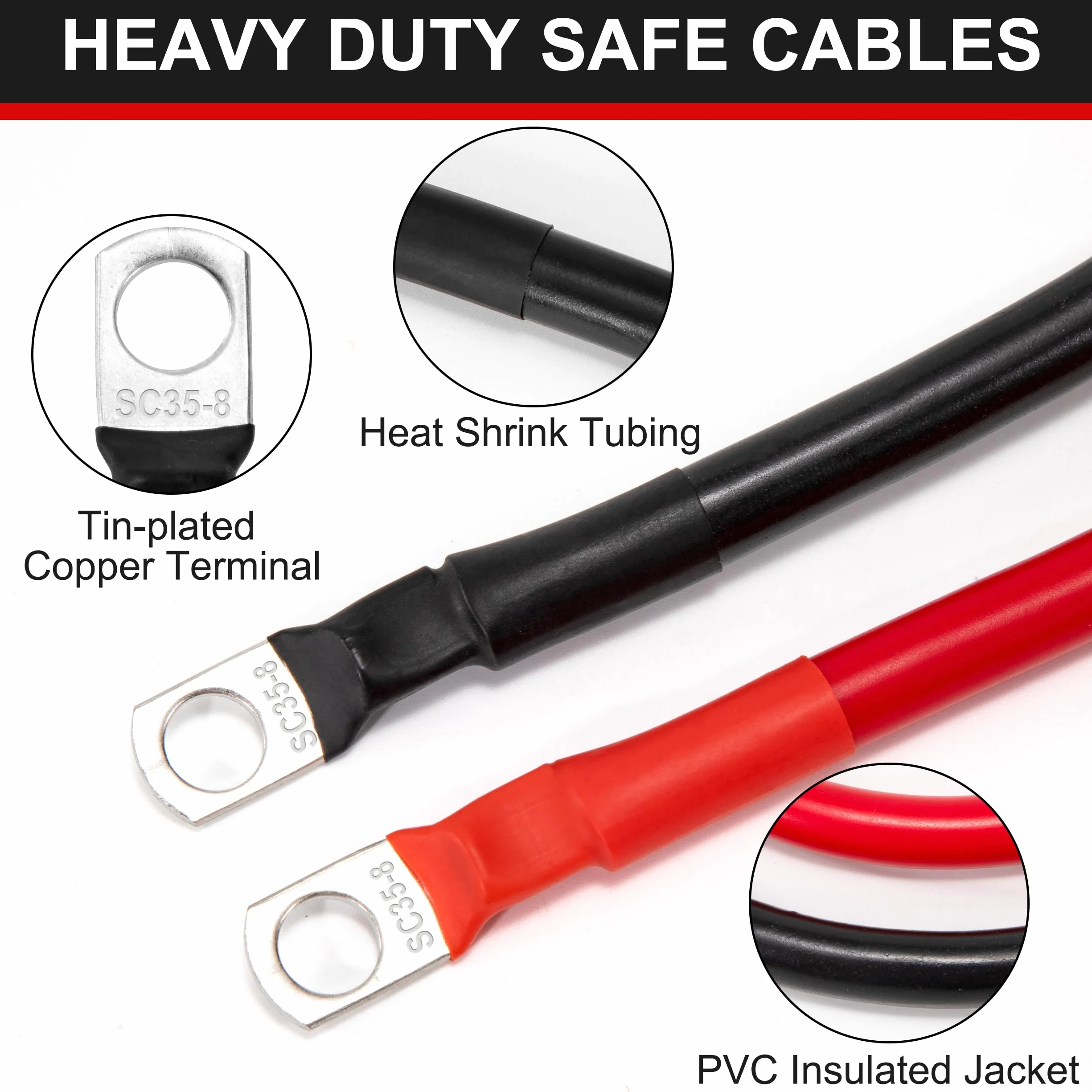 QIMEI-SHOP 2 Piezas Cable Bateria 15cm 35mm² Cable Inversor de Batería 12V 2AWG Cables de Batería con M8 Terminales de Anillo para Automóvil Camión Moto Solar Marino Negro y Rojo