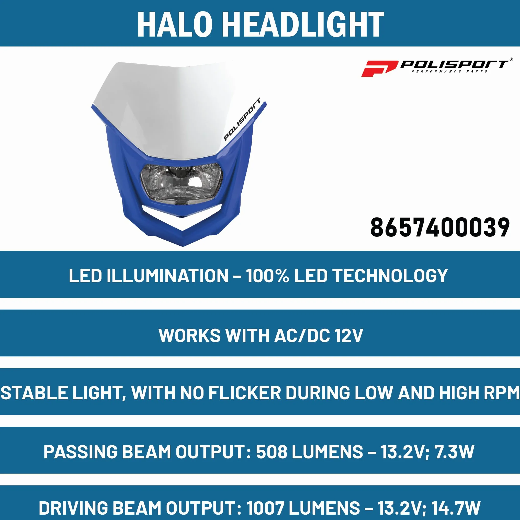 Polisport 8657400042 - Faro Delantero HALO de Polipropileno con lámpara de halógeno Compatible con Todos los Modelos de Motocross/Enduro en Color Blanco/Amarillo Fluor