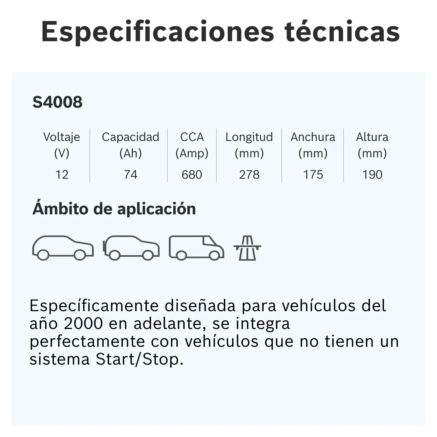 Bosch S4 008 Batería para Coche 74 A/h - 680 A - 12 V, de Plomo-Ácido para Vehículos sin Sistema Start/Stop, Polaridad Izquierda (-) Derecha (+), 278 x 175 x 190 mm