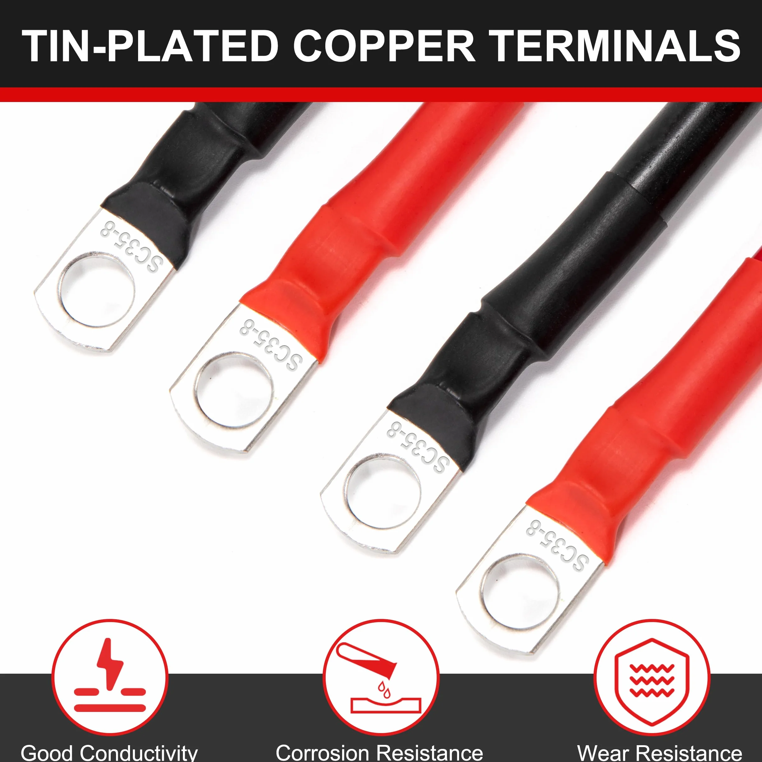 QIMEI-SHOP 2 Piezas Cable Bateria 15cm 35mm² Cable Inversor de Batería 12V 2AWG Cables de Batería con M8 Terminales de Anillo para Automóvil Camión Moto Solar Marino Negro y Rojo