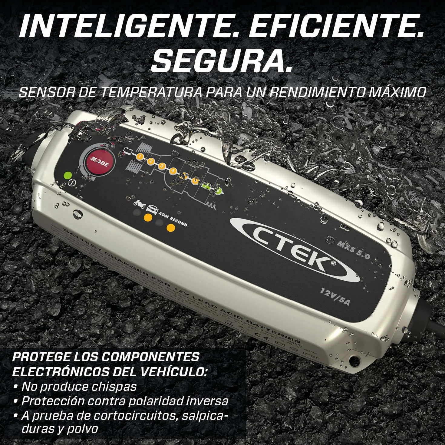 CTEK MXS 5.0, Cargador Batería 12V 5A con Compensación De Temperatura Incorporada, Cargador De Batería De Coche Y Moto, Cargador Inteligente Baterias, Mantenedor De Batería con Opción De AGM Dedicada