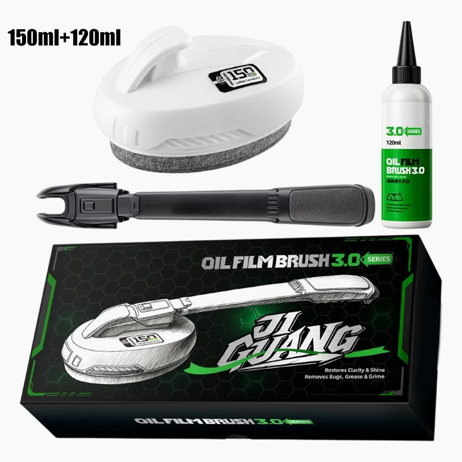 Quitapelícula para cristales coche Cepillo Limpiador Con Mango Largo | Limpiacristales 150 ml Precargado + 120 ml Recarga para conducción clara y espejo retrovisor