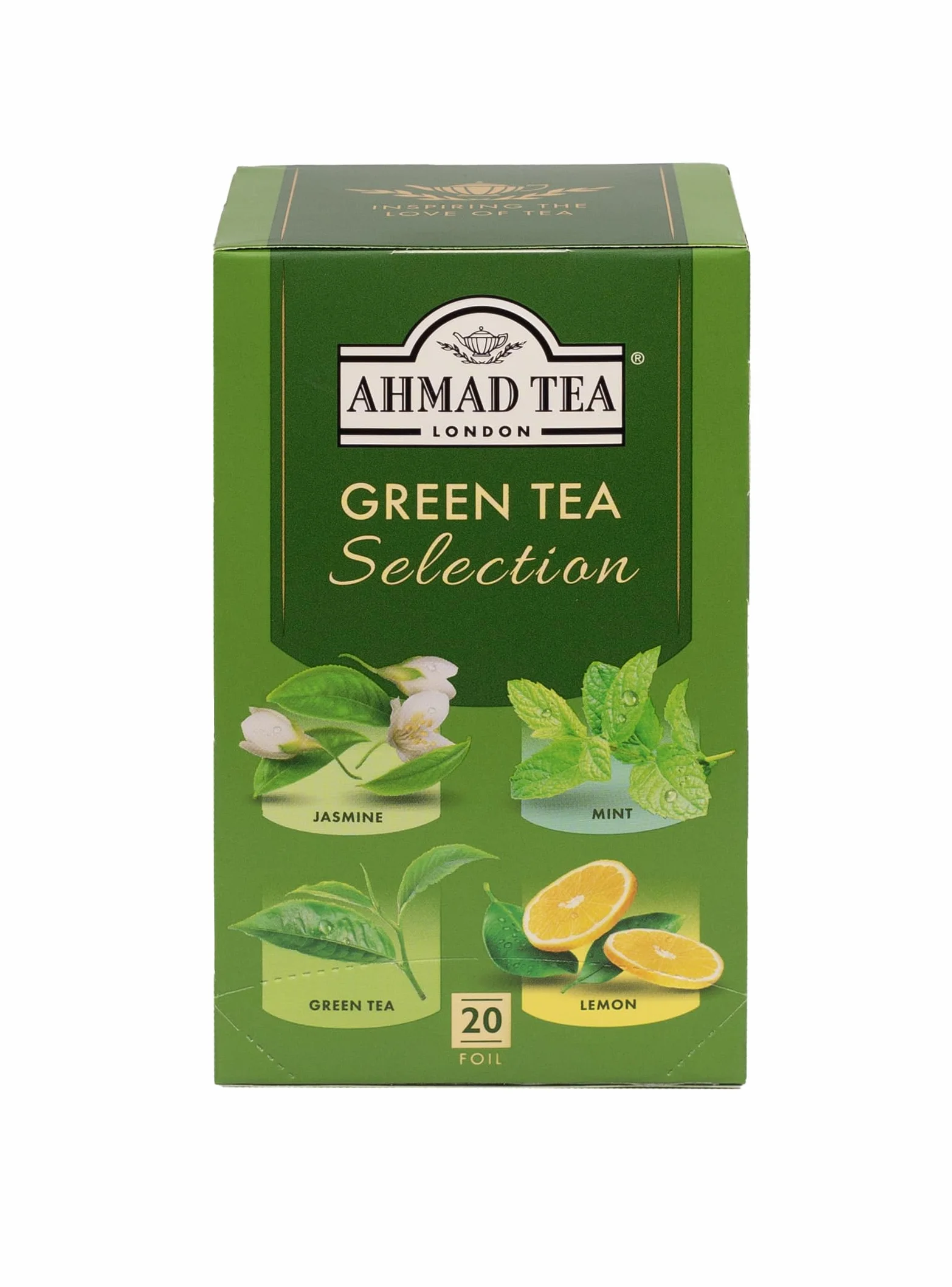 Ahmad Tea Green Tea Selection - Surtido de té verde - Clásico, jazmín, menta, limón - 20 bolsitas de té